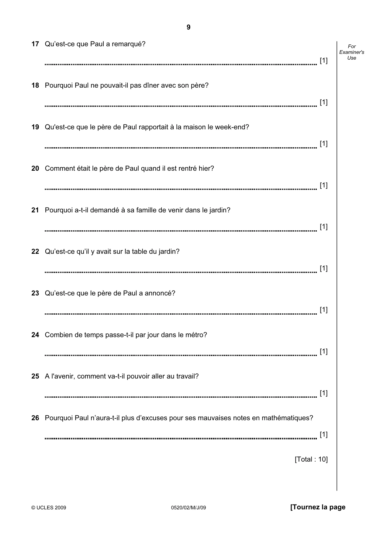 Cambridge IGCSE French - Foreign Language 0520 2009 May/June Paper 2 · Variant 1 question paper, page 9 of 16