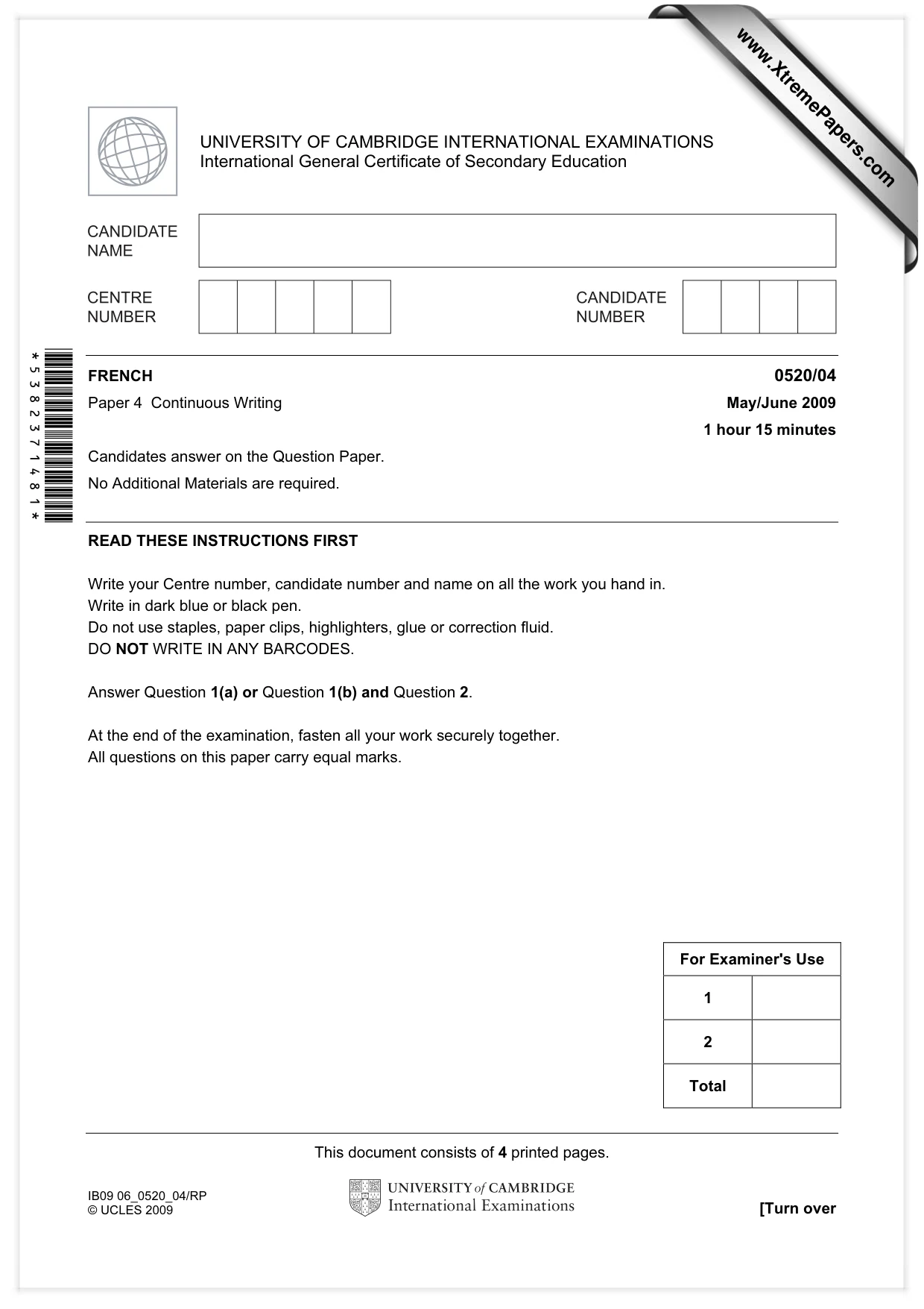 Cambridge IGCSE French - Foreign Language 0520 2009 May/June Paper 4 · Variant 1 question paper, page 1 of 4