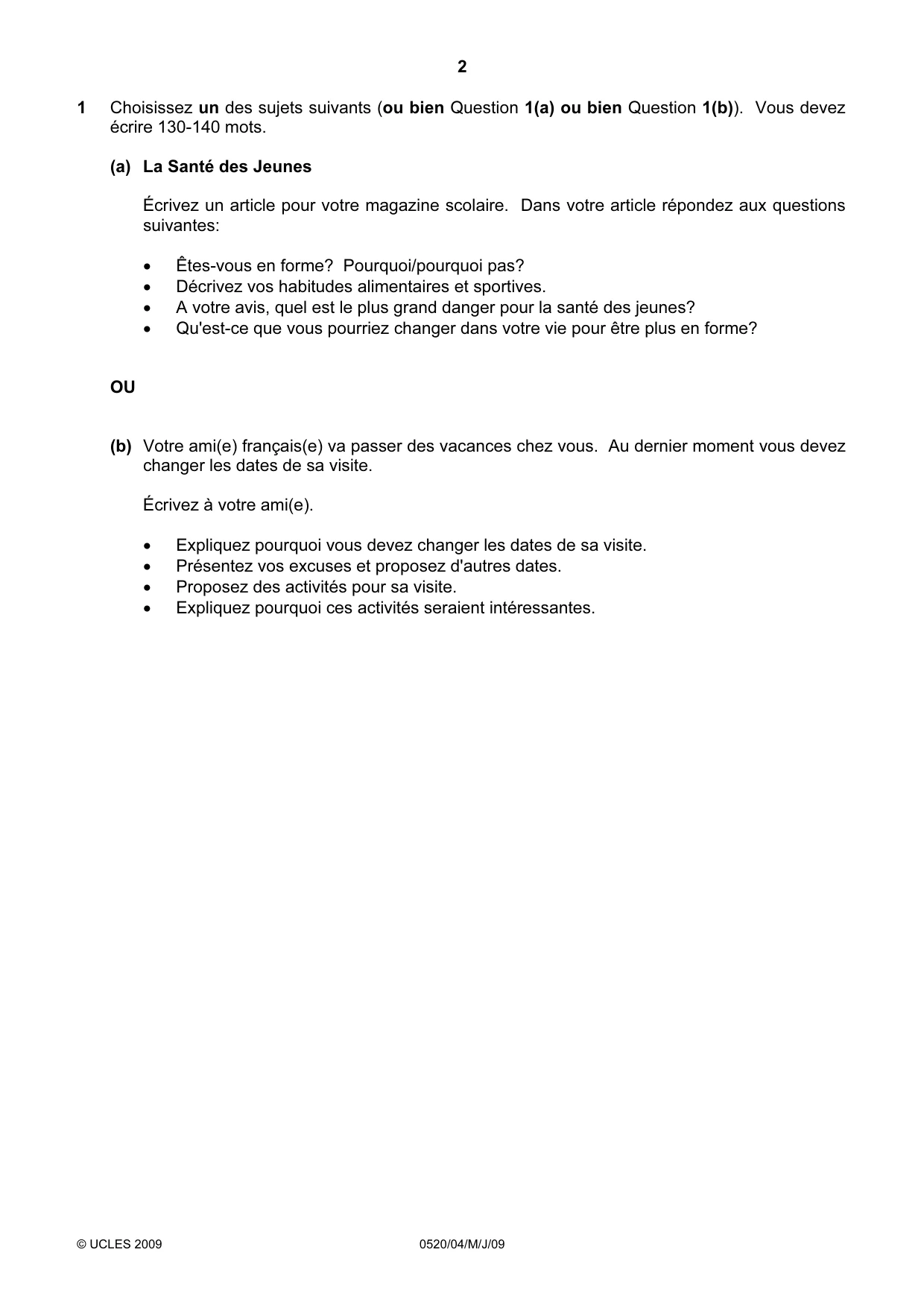 Cambridge IGCSE French - Foreign Language 0520 2009 May/June Paper 4 · Variant 1 question paper, page 2 of 4