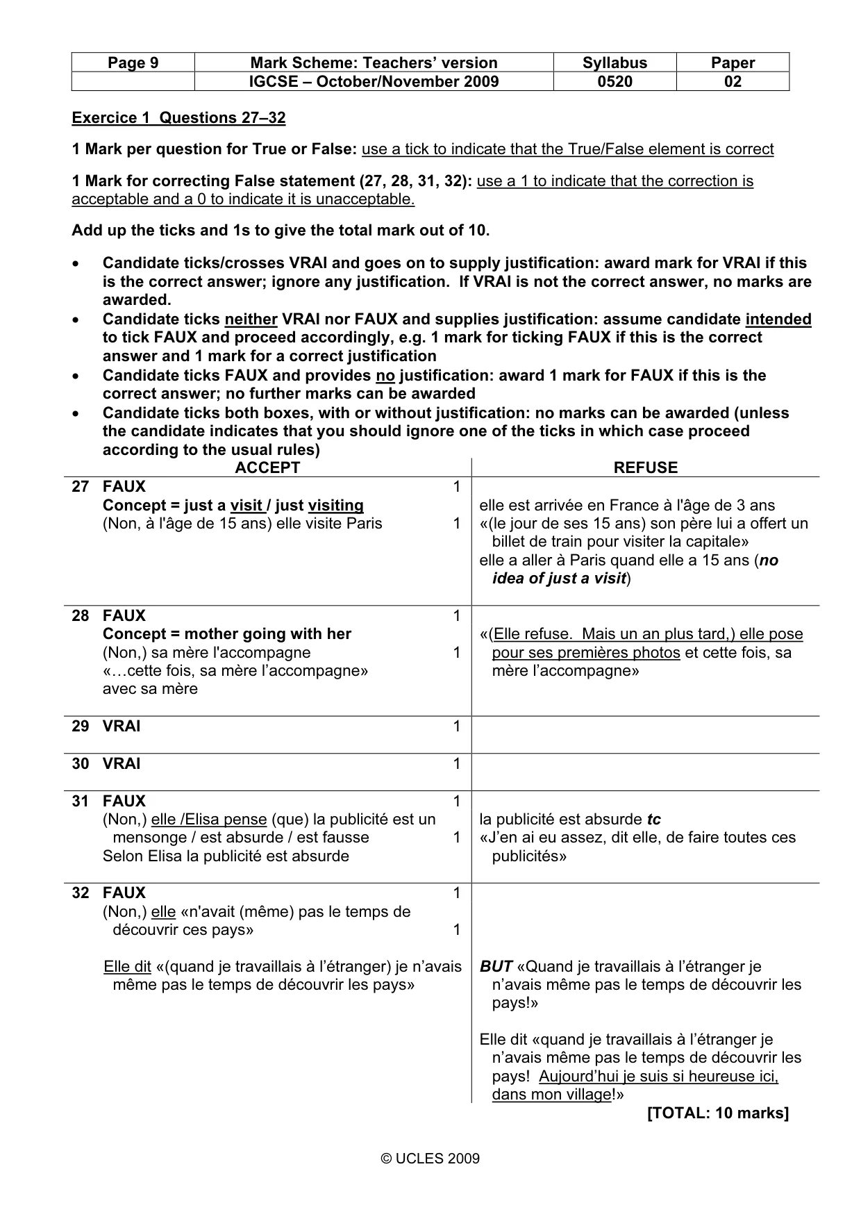 Mark scheme, page 9 of 10