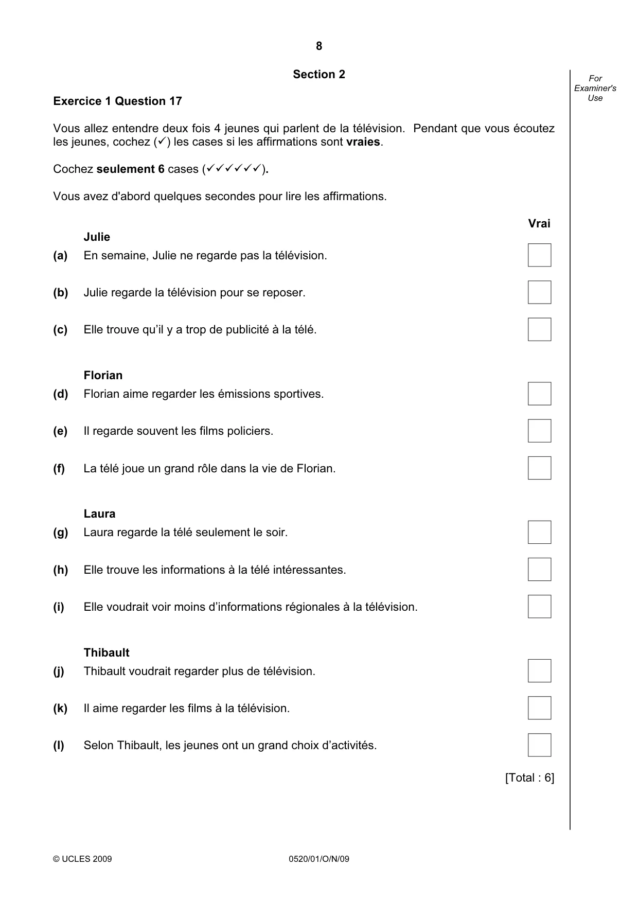 Cambridge IGCSE French - Foreign Language 0520 2009 Oct/Nov Paper 1 · Variant 1 question paper, page 8 of 12