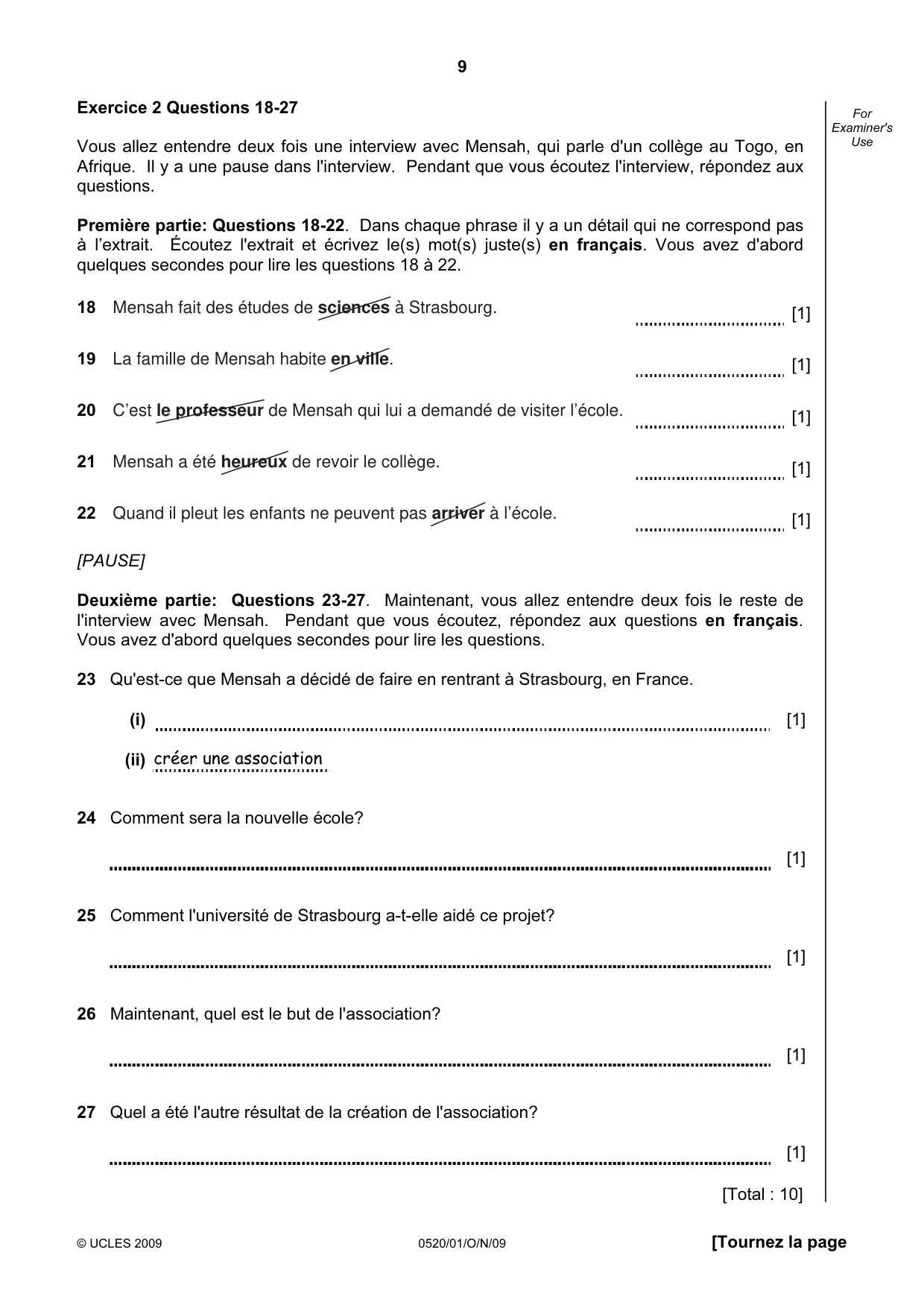 Cambridge IGCSE French - Foreign Language 0520 2009 Oct/Nov Paper 1 · Variant 1 question paper, page 9 of 12