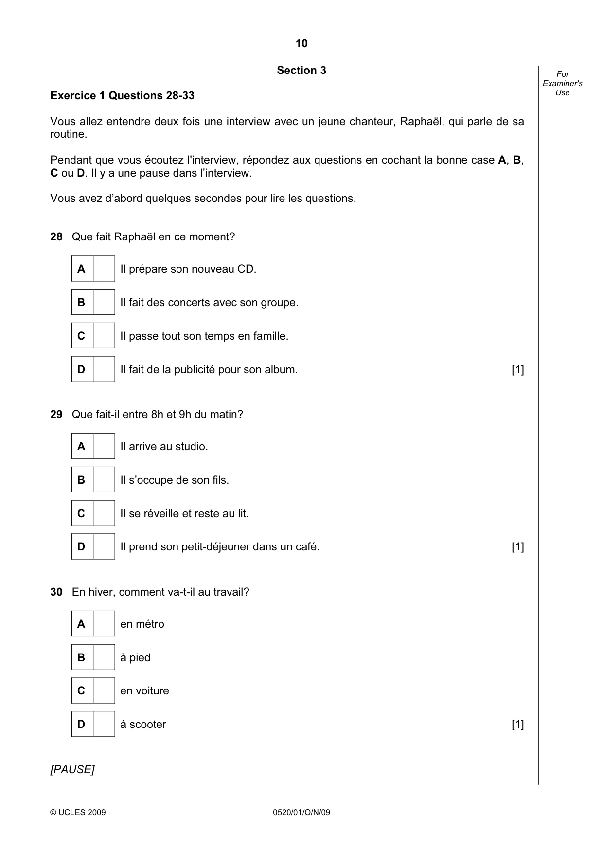 Cambridge IGCSE French - Foreign Language 0520 2009 Oct/Nov Paper 1 · Variant 1 question paper, page 10 of 12