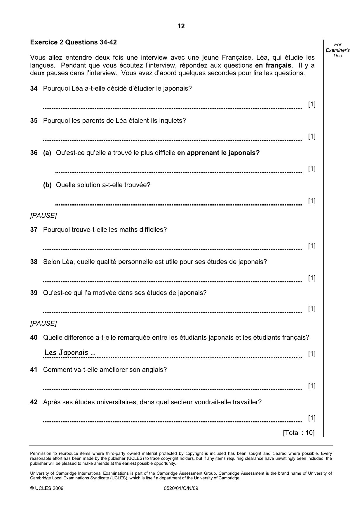 Cambridge IGCSE French - Foreign Language 0520 2009 Oct/Nov Paper 1 · Variant 1 question paper, page 12 of 12