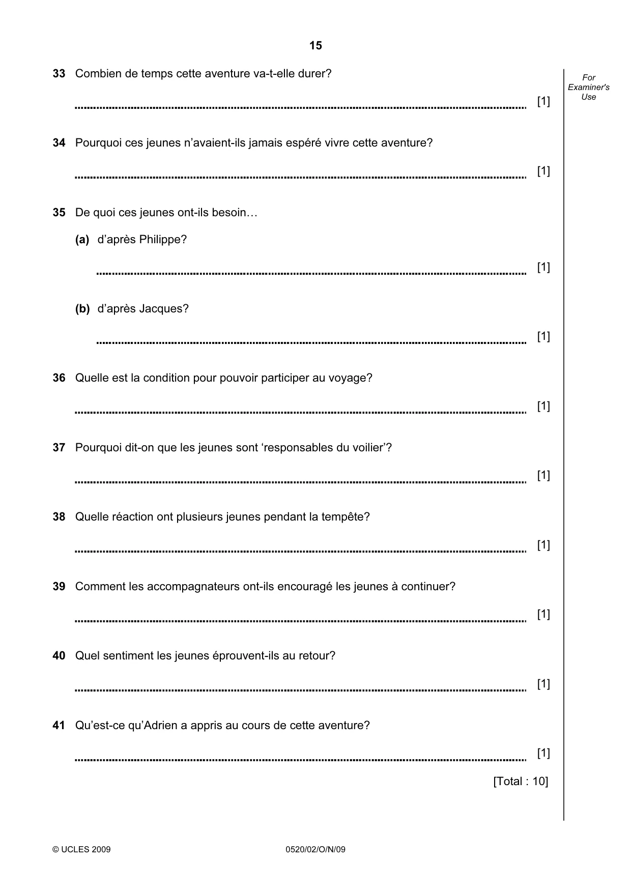 Cambridge IGCSE French - Foreign Language 0520 2009 Oct/Nov Paper 2 · Variant 1 question paper, page 15 of 16
