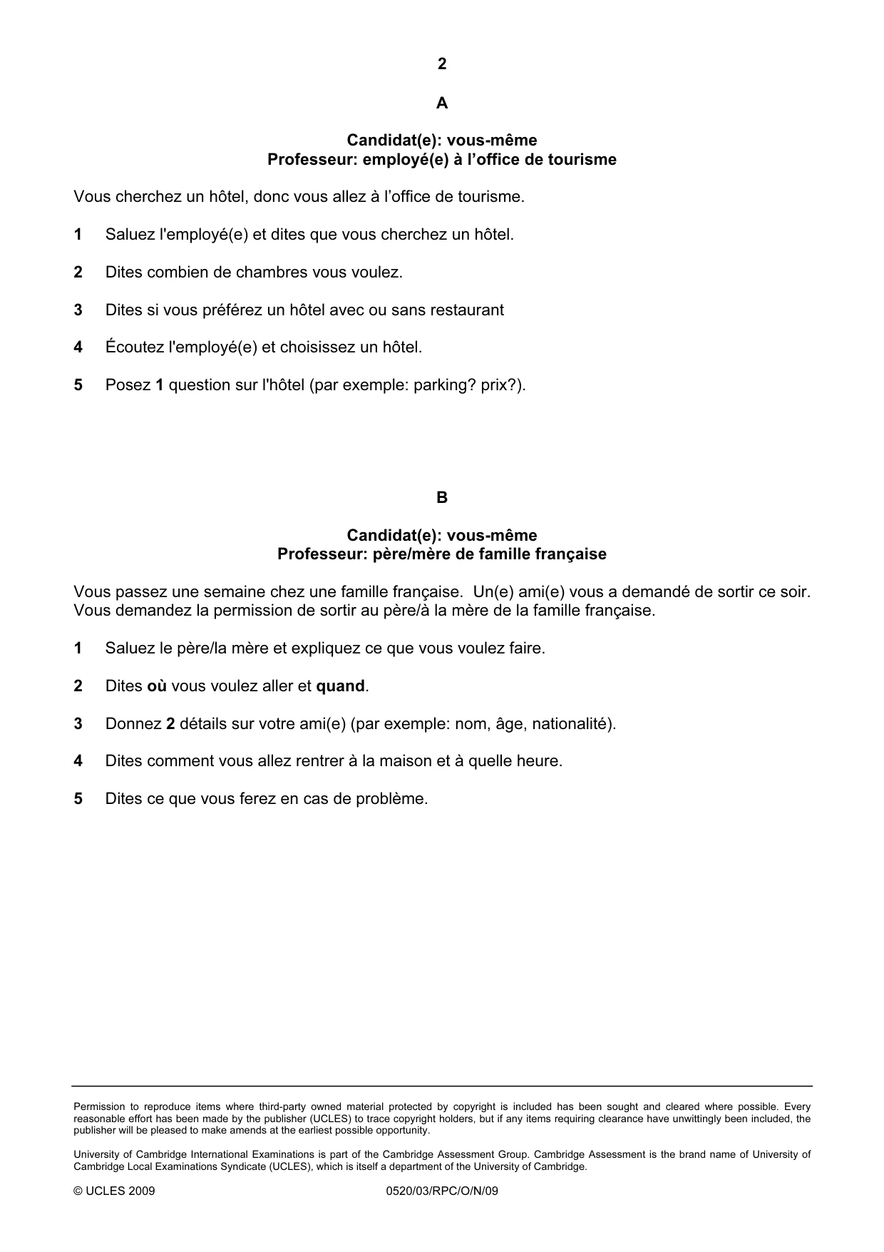 Cambridge IGCSE French - Foreign Language 0520 2009 Oct/Nov Paper 3 · Variant 1 question paper, page 2 of 18