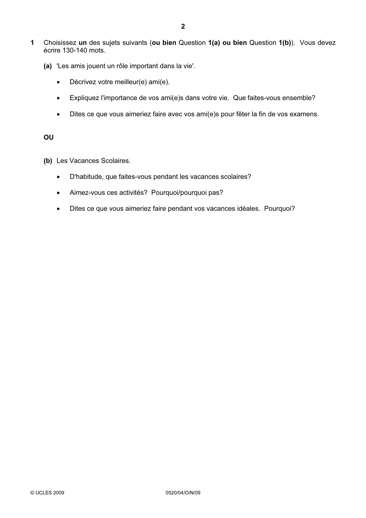 Cambridge IGCSE French - Foreign Language 0520 2009 Oct/Nov Paper 4 · Variant 1 question paper, page 2 of 4