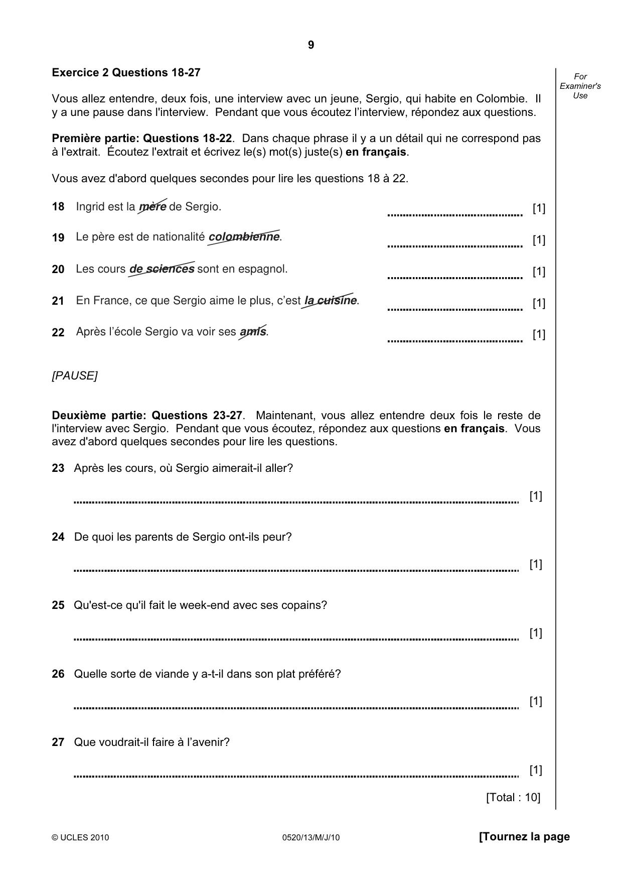Cambridge IGCSE French - Foreign Language 0520 2010 May/June Paper 1 · Variant 3 question paper, page 9 of 12
