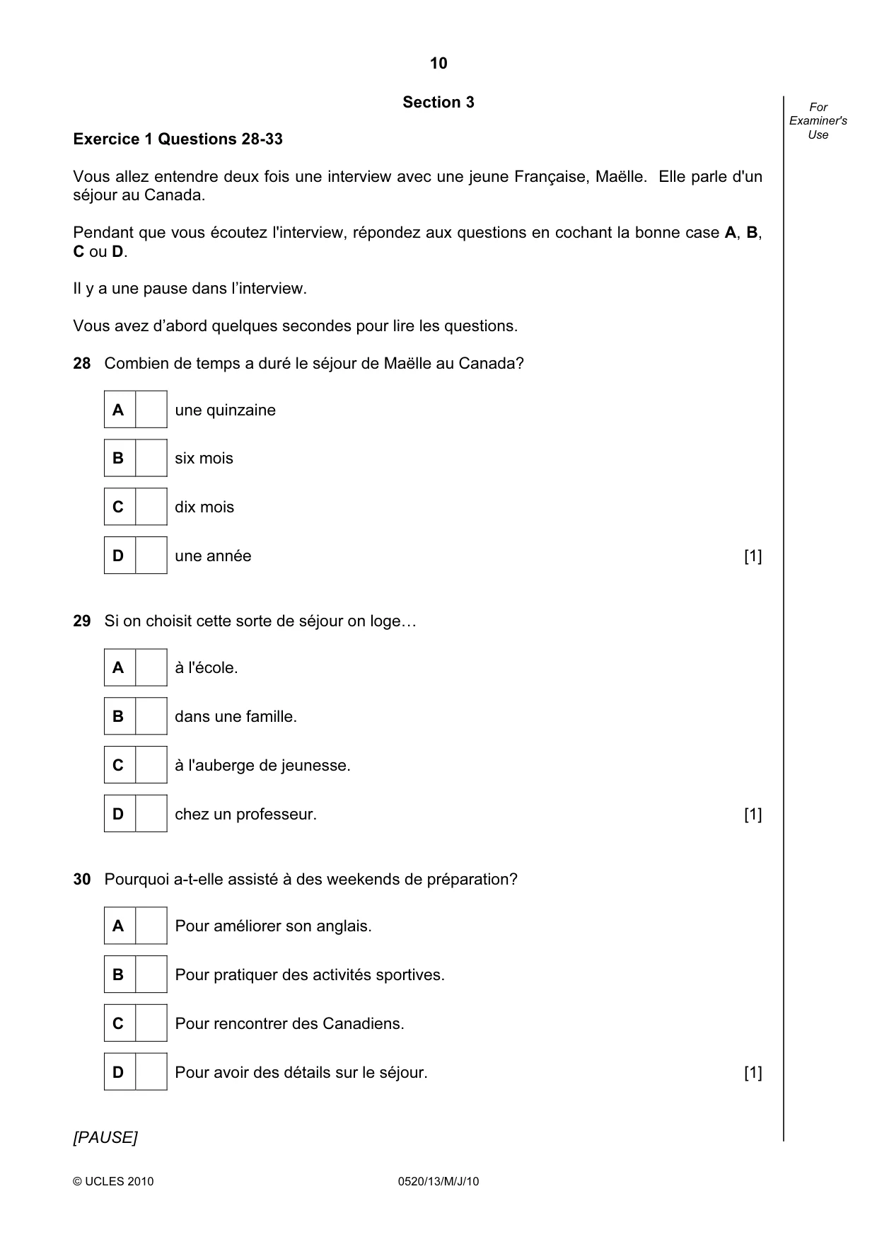 Cambridge IGCSE French - Foreign Language 0520 2010 May/June Paper 1 · Variant 3 question paper, page 10 of 12