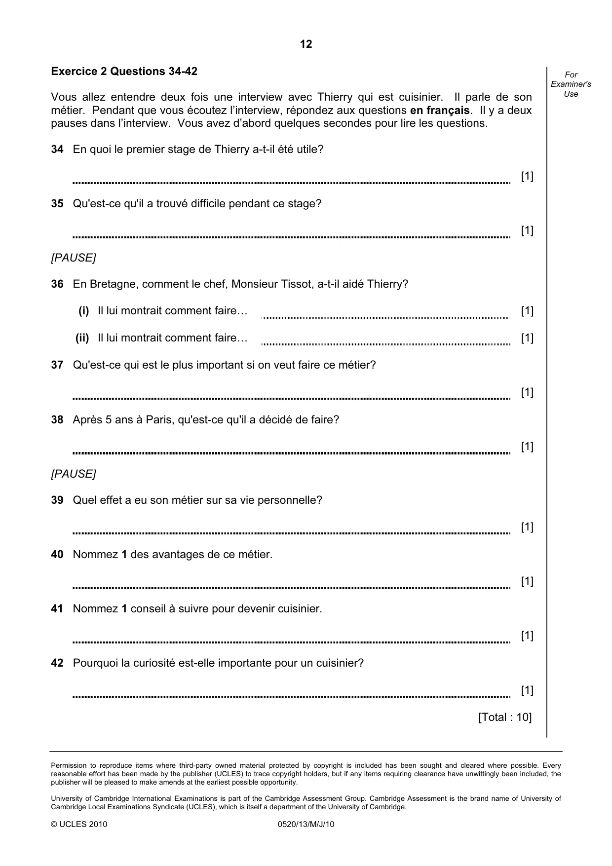 Cambridge IGCSE French - Foreign Language 0520 2010 May/June Paper 1 · Variant 3 question paper, page 12 of 12
