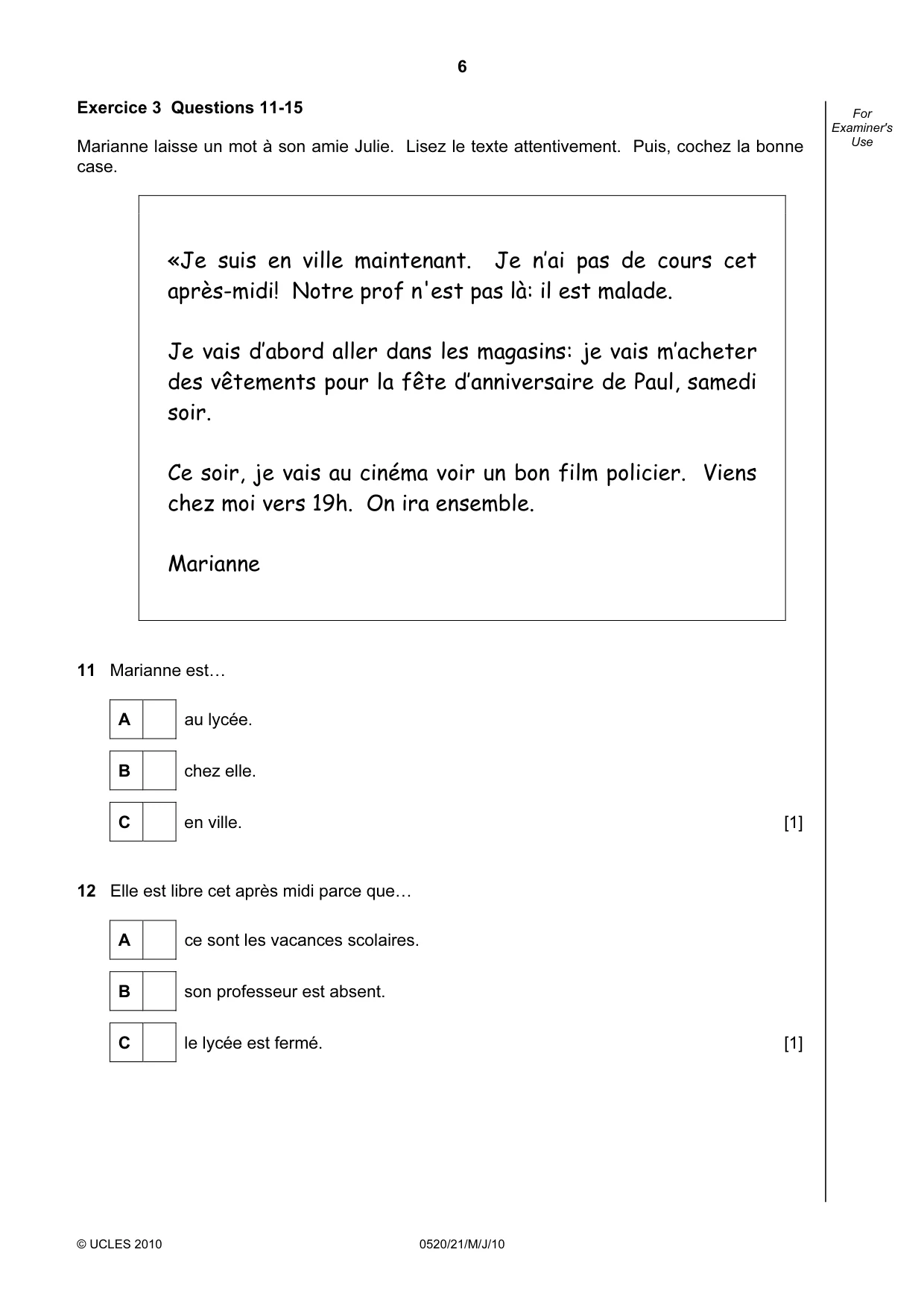 Cambridge IGCSE French - Foreign Language 0520 2010 May/June Paper 2 · Variant 1 question paper, page 6 of 20