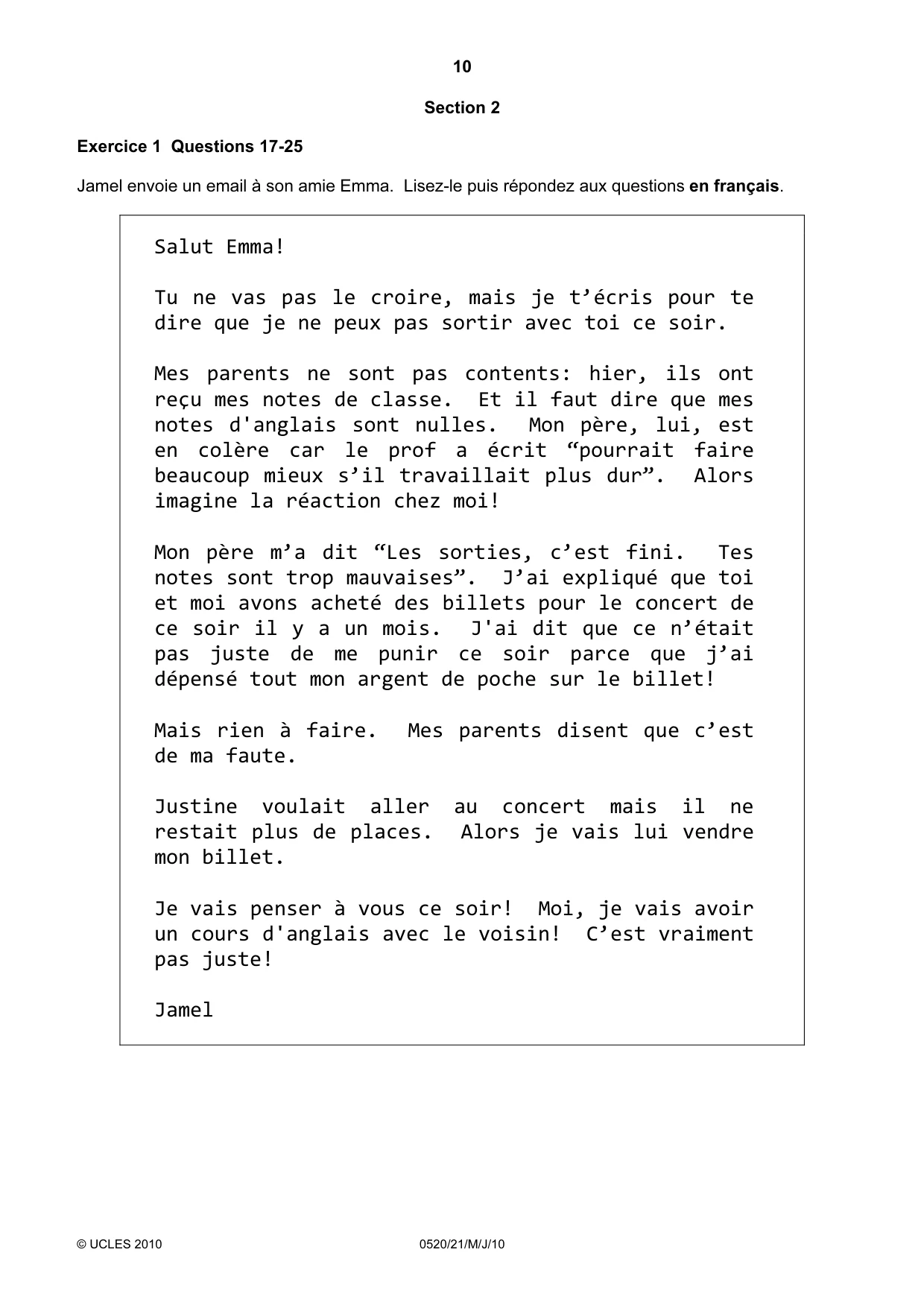 Cambridge IGCSE French - Foreign Language 0520 2010 May/June Paper 2 · Variant 1 question paper, page 10 of 20