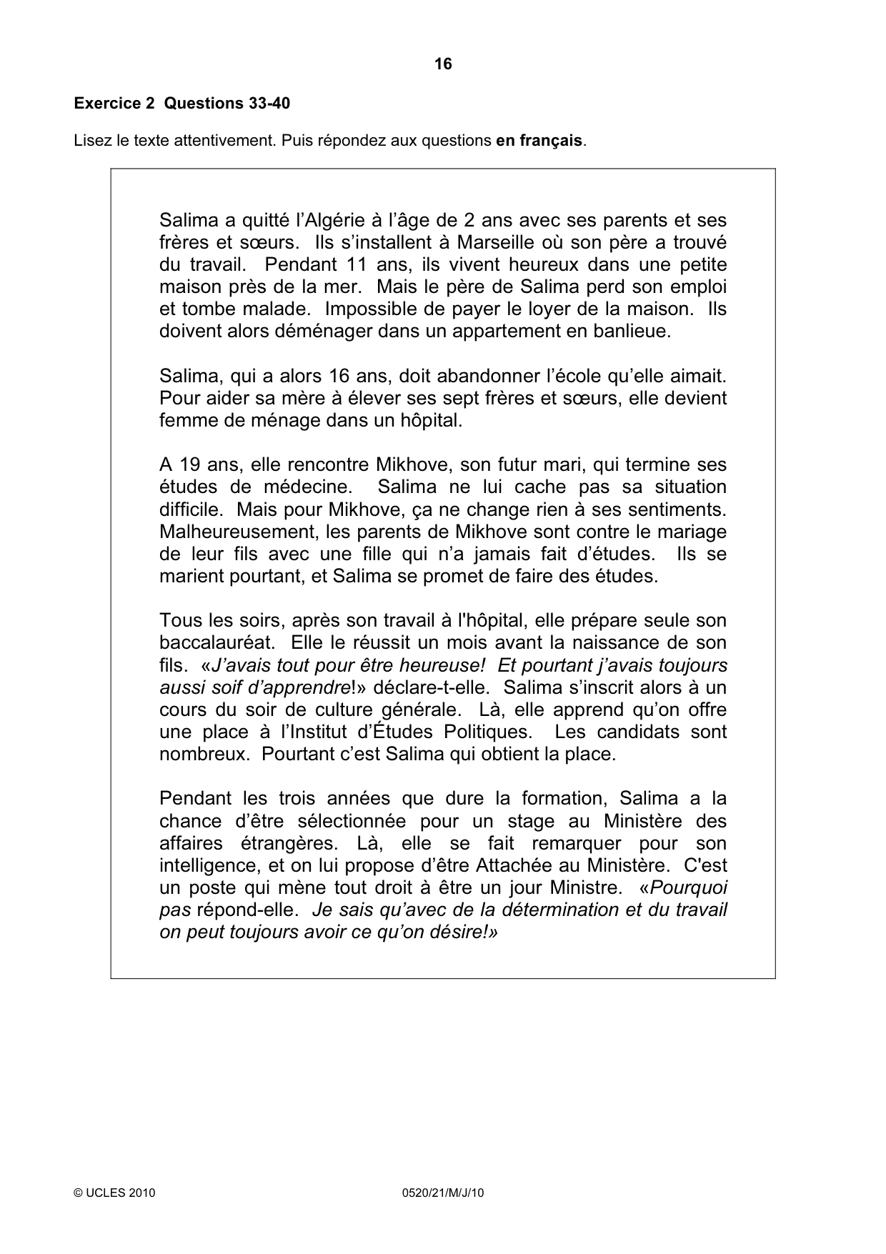 Cambridge IGCSE French - Foreign Language 0520 2010 May/June Paper 2 · Variant 1 question paper, page 16 of 20