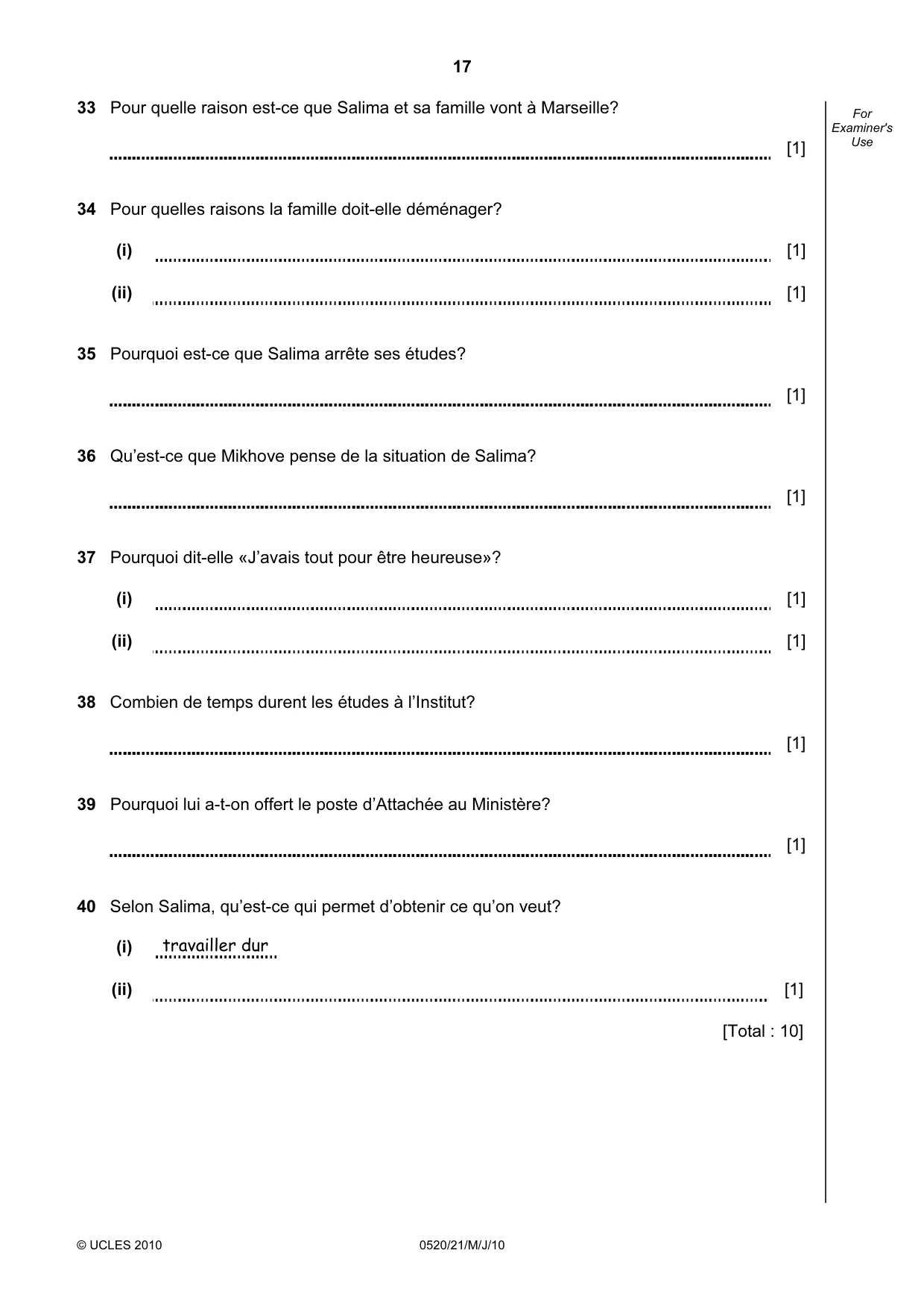 Cambridge IGCSE French - Foreign Language 0520 2010 May/June Paper 2 · Variant 1 question paper, page 17 of 20