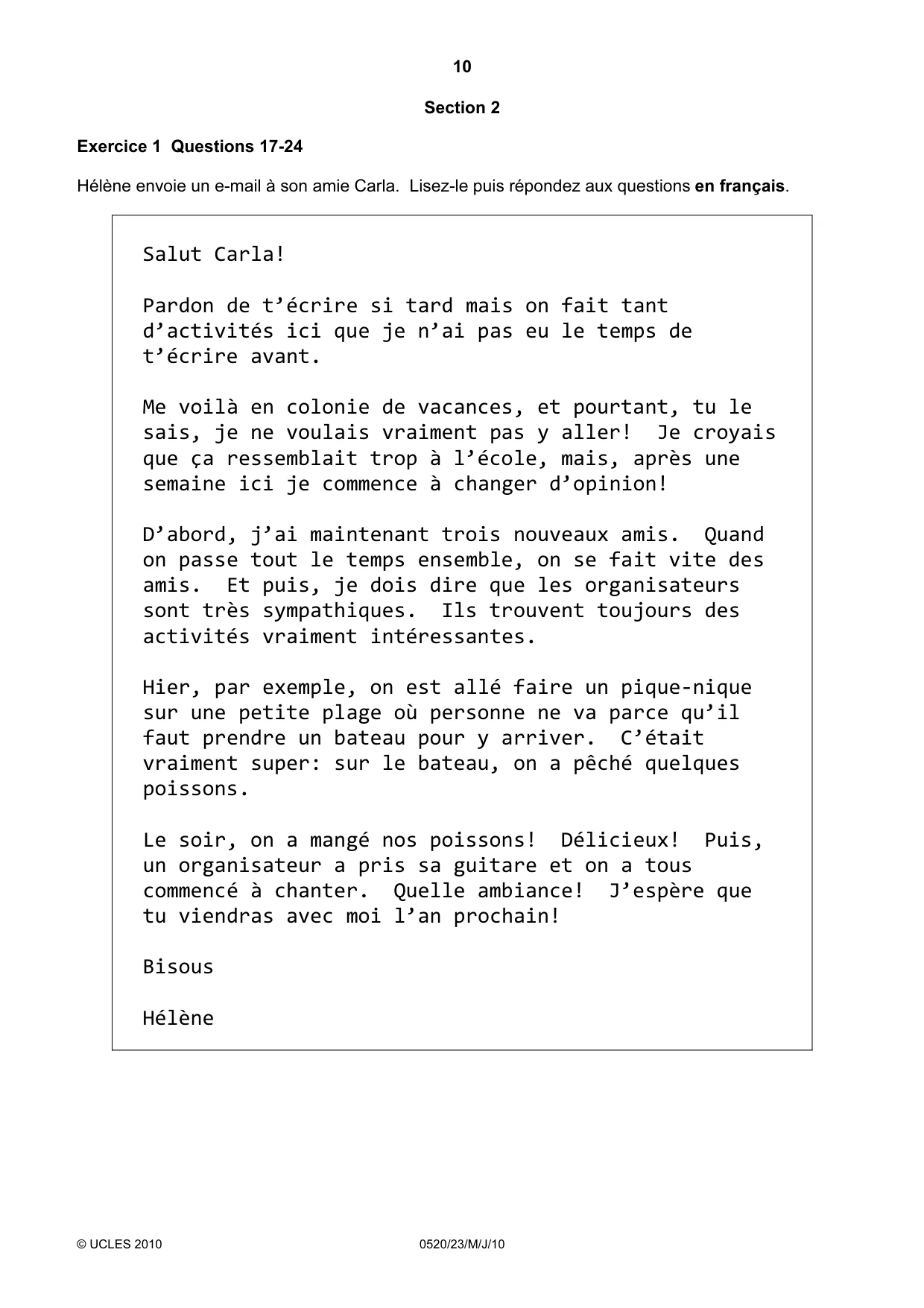 Cambridge IGCSE French - Foreign Language 0520 2010 May/June Paper 2 · Variant 3 question paper, page 10 of 20