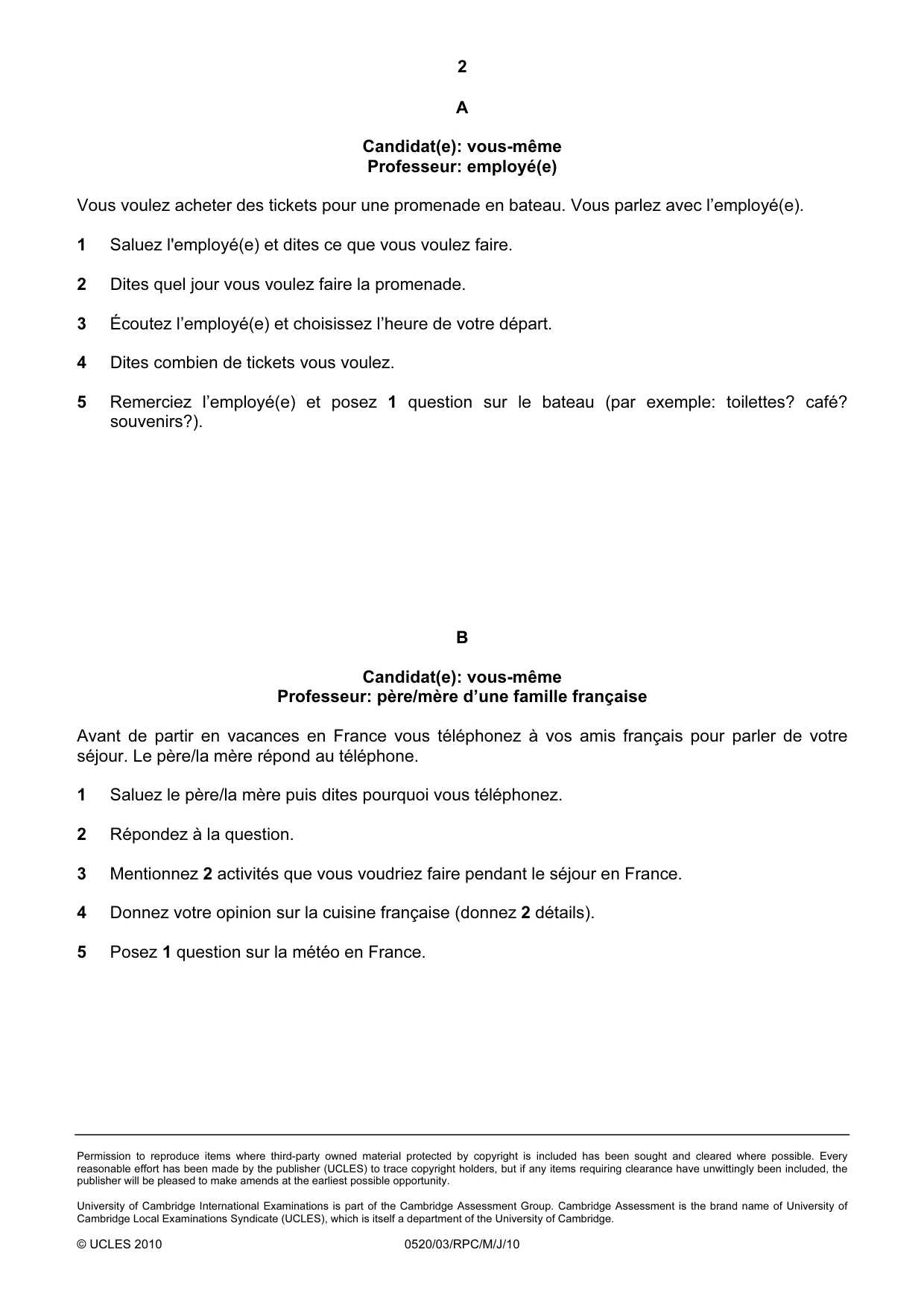 Cambridge IGCSE French - Foreign Language 0520 2010 May/June Paper 3 · Variant 1 question paper, page 2 of 18