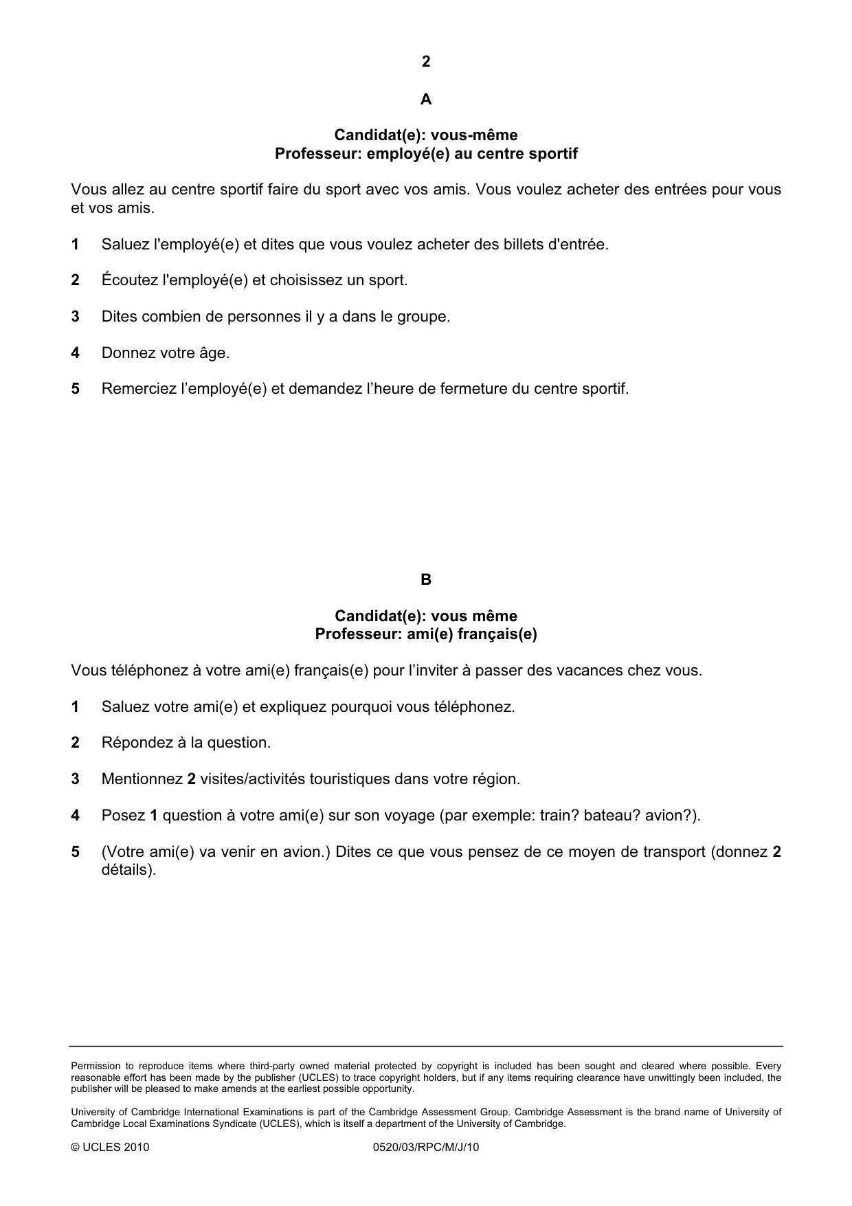 Cambridge IGCSE French - Foreign Language 0520 2010 May/June Paper 3 · Variant 1 question paper, page 10 of 18
