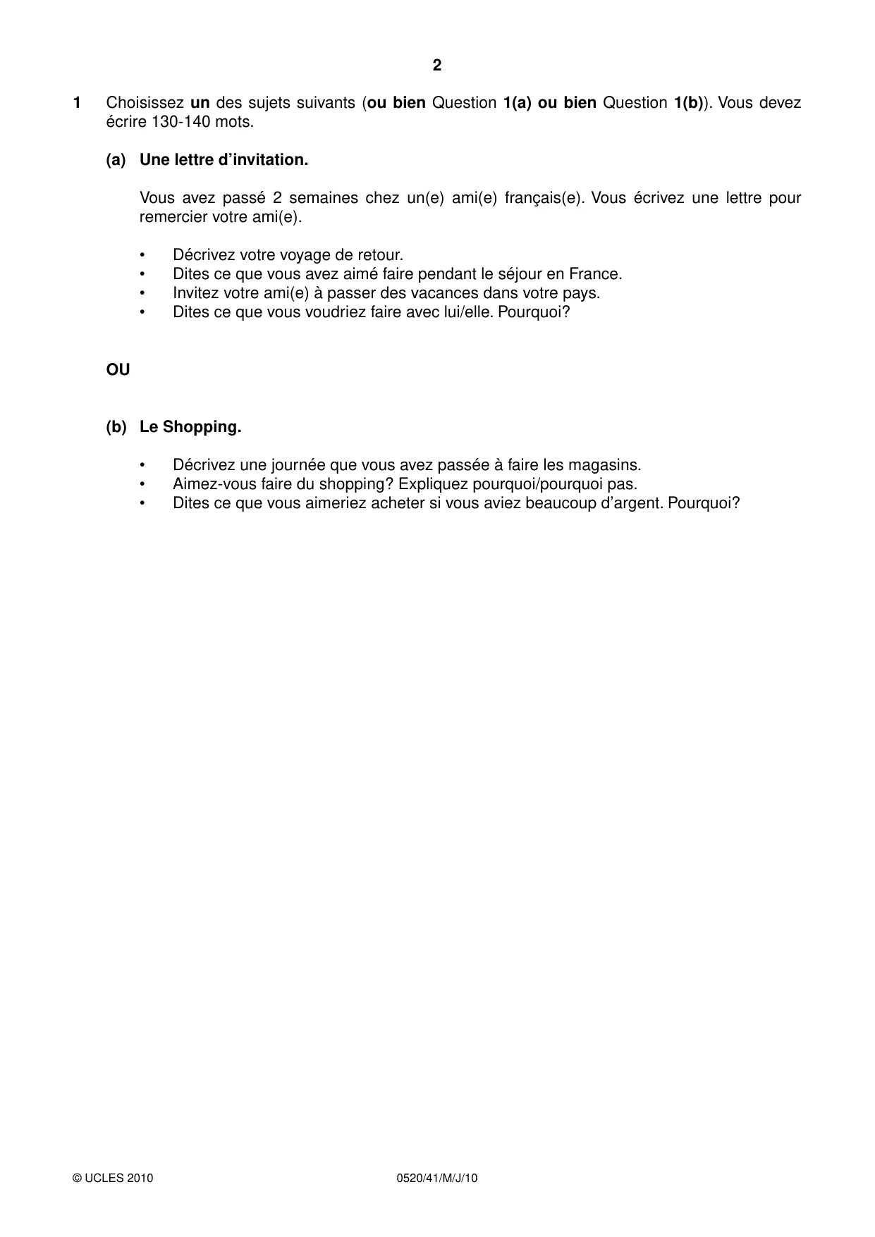 Cambridge IGCSE French - Foreign Language 0520 2010 May/June Paper 4 · Variant 1 question paper, page 2 of 4
