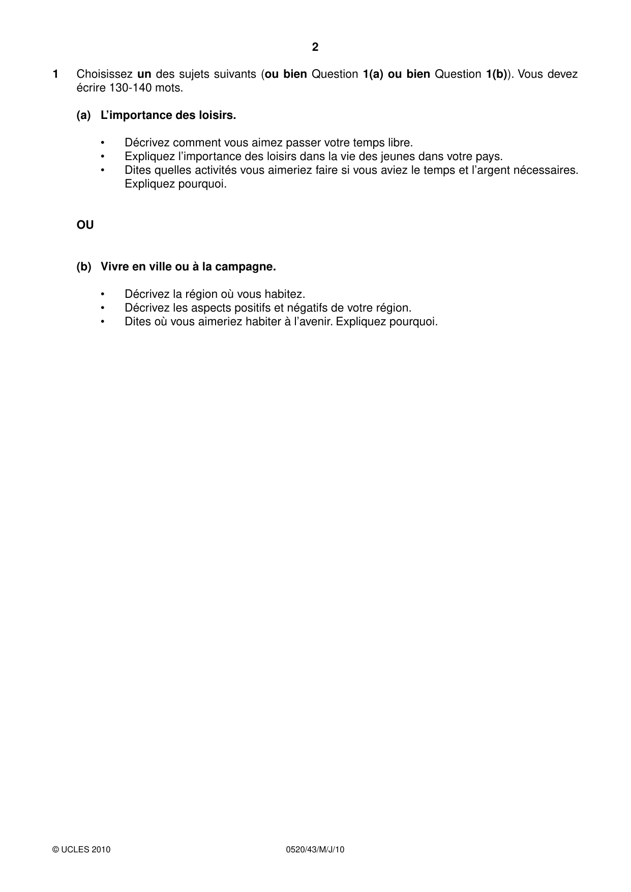 Cambridge IGCSE French - Foreign Language 0520 2010 May/June Paper 4 · Variant 3 question paper, page 2 of 4