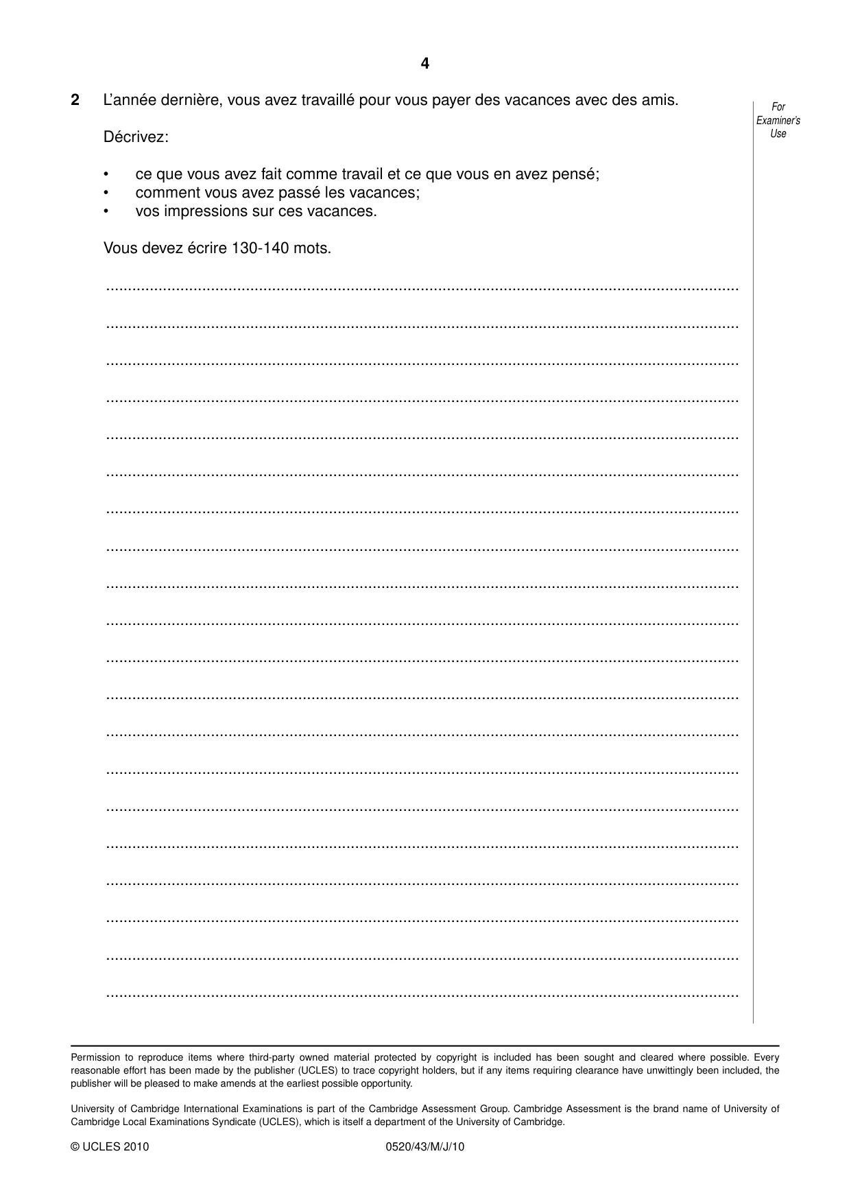 Cambridge IGCSE French - Foreign Language 0520 2010 May/June Paper 4 · Variant 3 question paper, page 4 of 4