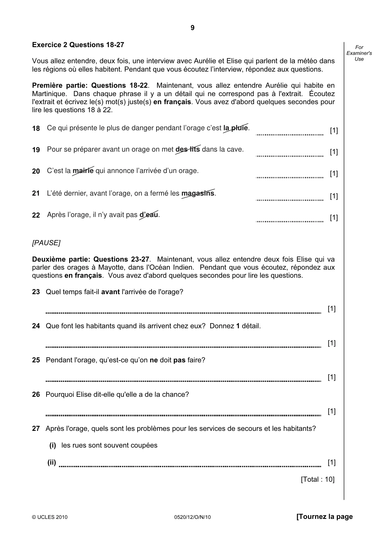 Cambridge IGCSE French - Foreign Language 0520 2010 Oct/Nov Paper 1 · Variant 2 question paper, page 9 of 12