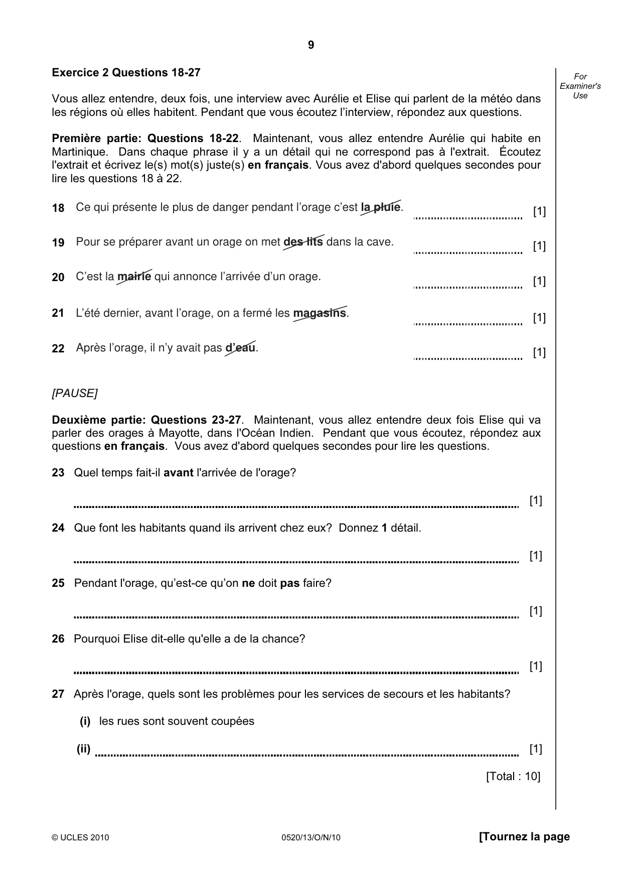 Cambridge IGCSE French - Foreign Language 0520 2010 Oct/Nov Paper 1 · Variant 3 question paper, page 9 of 12