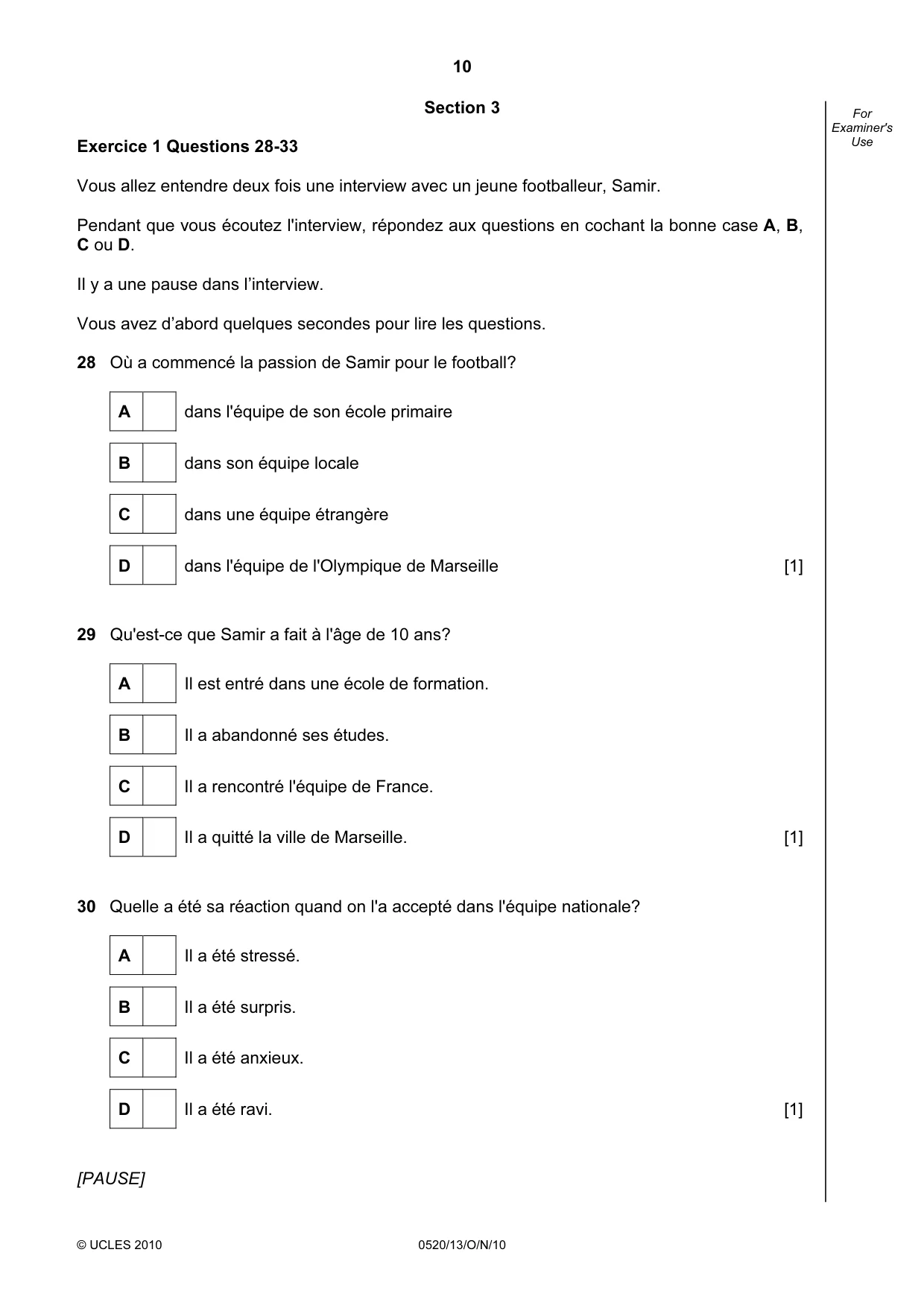 Cambridge IGCSE French - Foreign Language 0520 2010 Oct/Nov Paper 1 · Variant 3 question paper, page 10 of 12