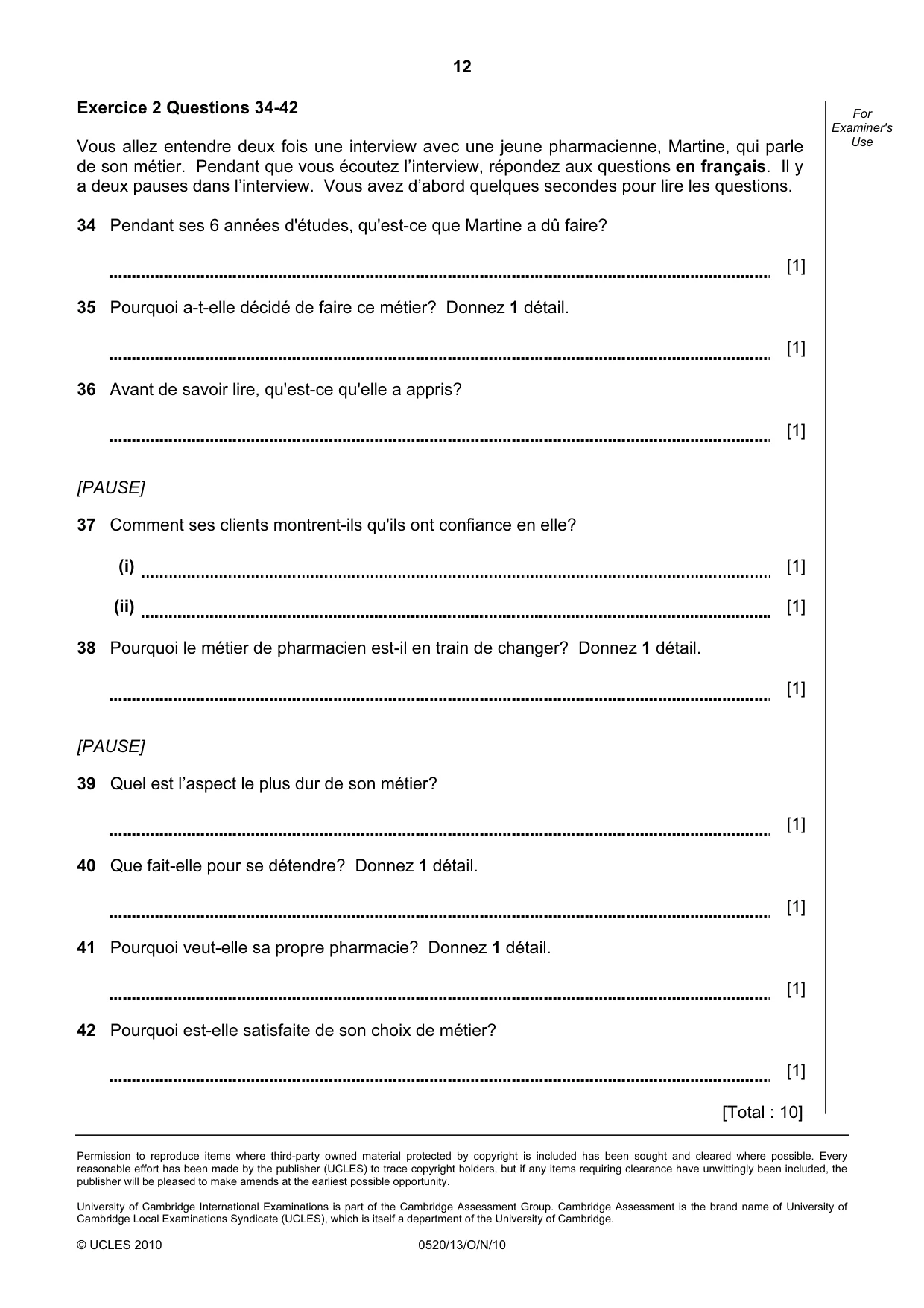 Cambridge IGCSE French - Foreign Language 0520 2010 Oct/Nov Paper 1 · Variant 3 question paper, page 12 of 12