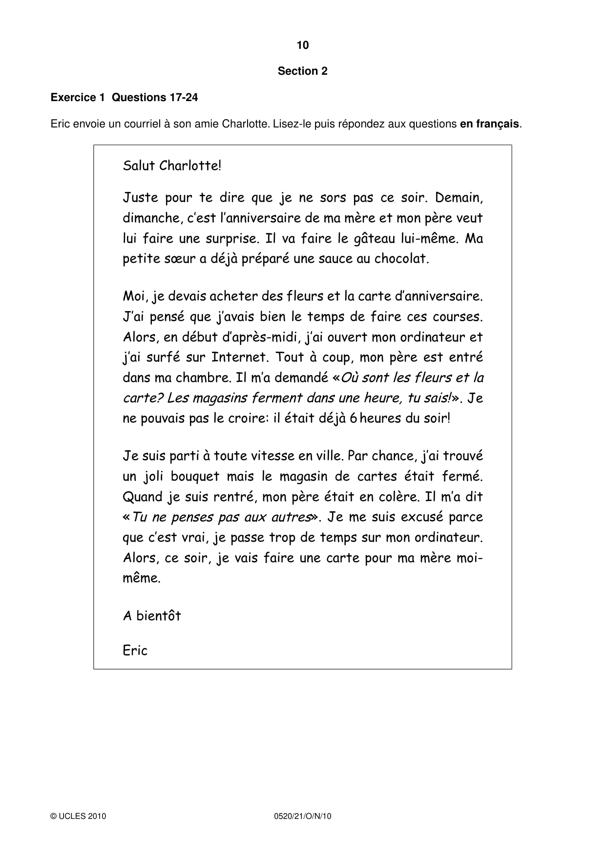 Cambridge IGCSE French - Foreign Language 0520 2010 Oct/Nov Paper 2 · Variant 1 question paper, page 10 of 20