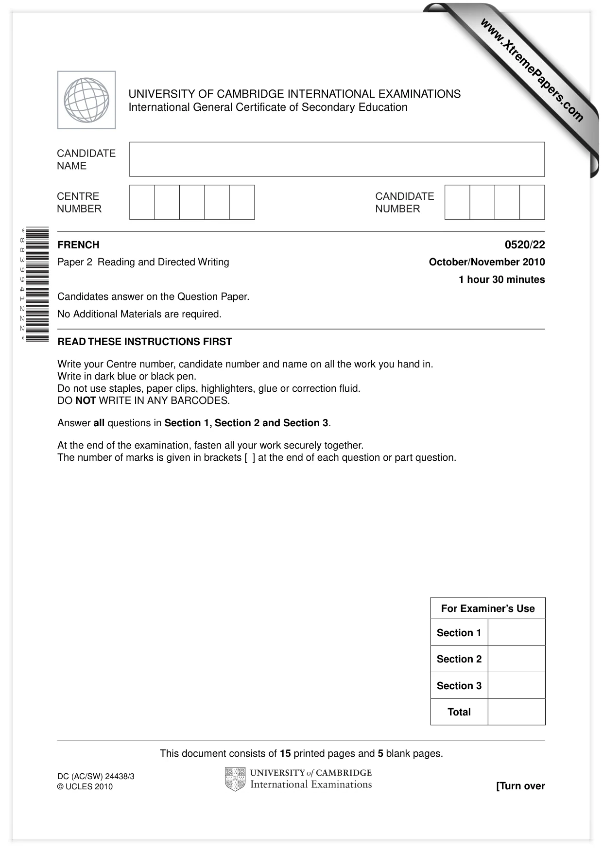 Cambridge IGCSE French - Foreign Language 0520 2010 Oct/Nov Paper 2 · Variant 2 question paper, page 1 of 20