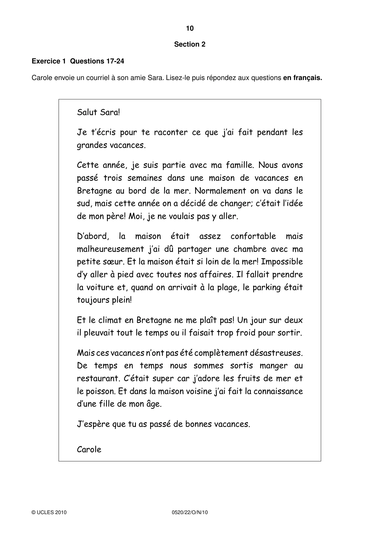 Cambridge IGCSE French - Foreign Language 0520 2010 Oct/Nov Paper 2 · Variant 2 question paper, page 10 of 20