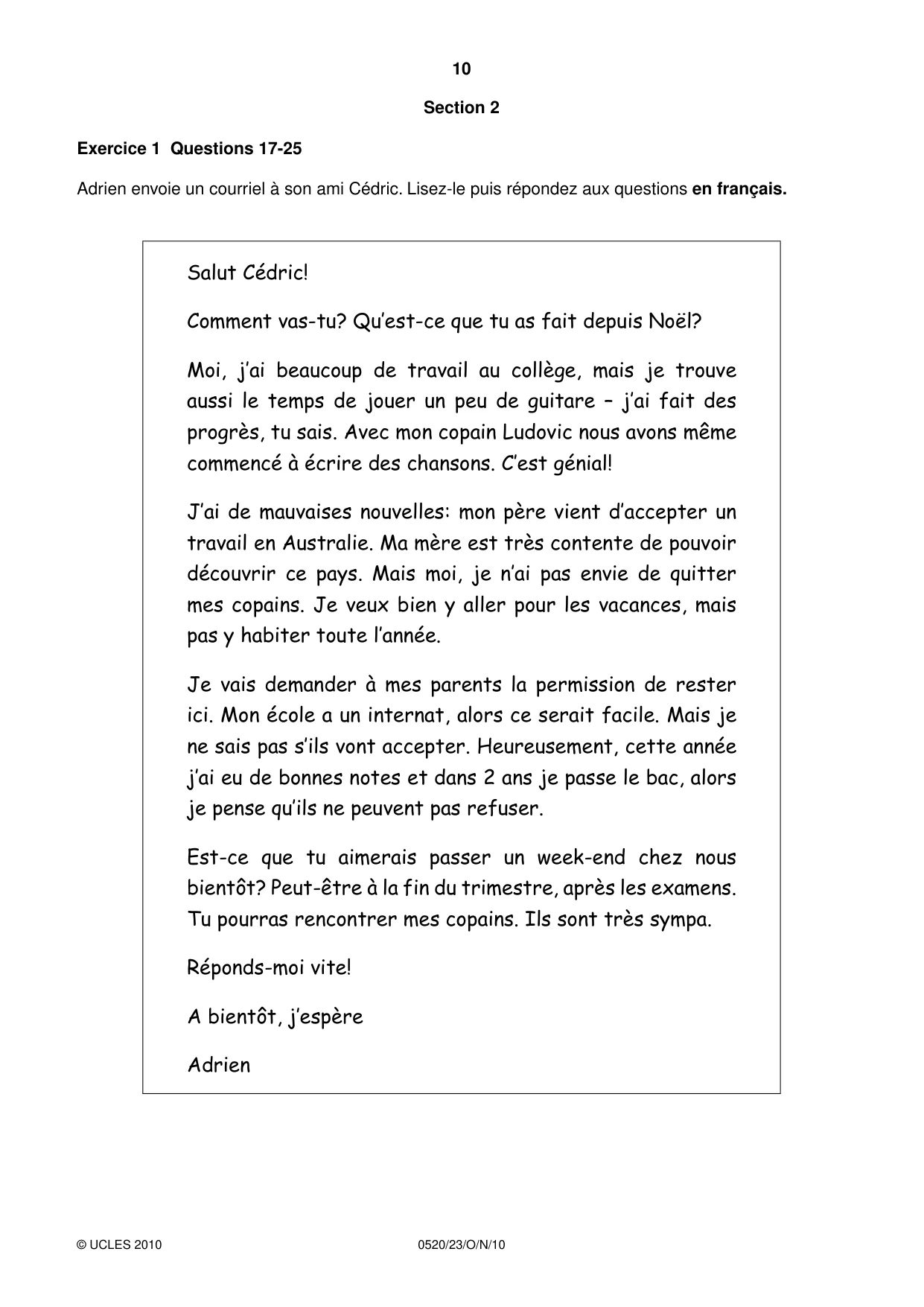 Cambridge IGCSE French - Foreign Language 0520 2010 Oct/Nov Paper 2 · Variant 3 question paper, page 10 of 20