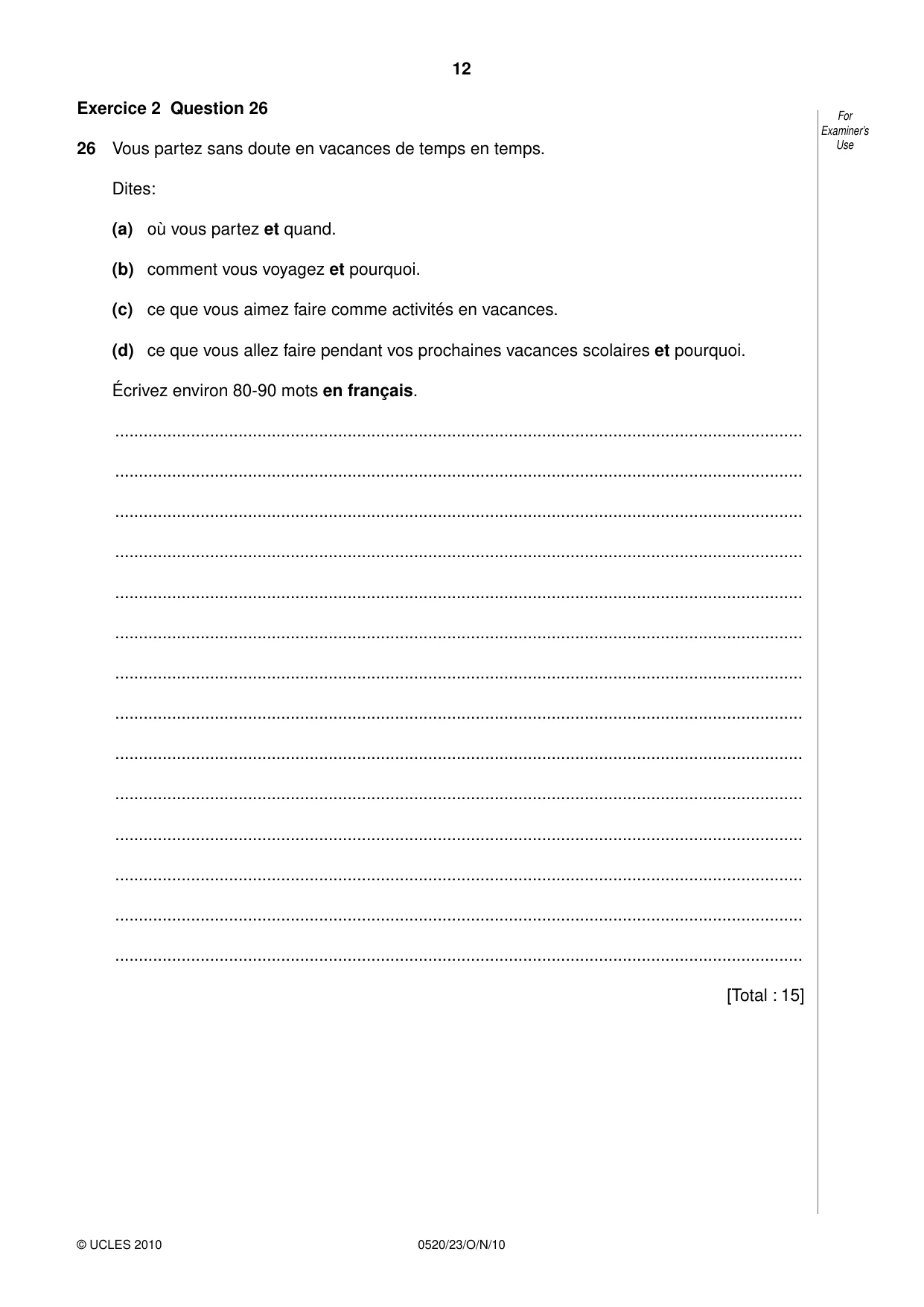 Cambridge IGCSE French - Foreign Language 0520 2010 Oct/Nov Paper 2 · Variant 3 question paper, page 12 of 20