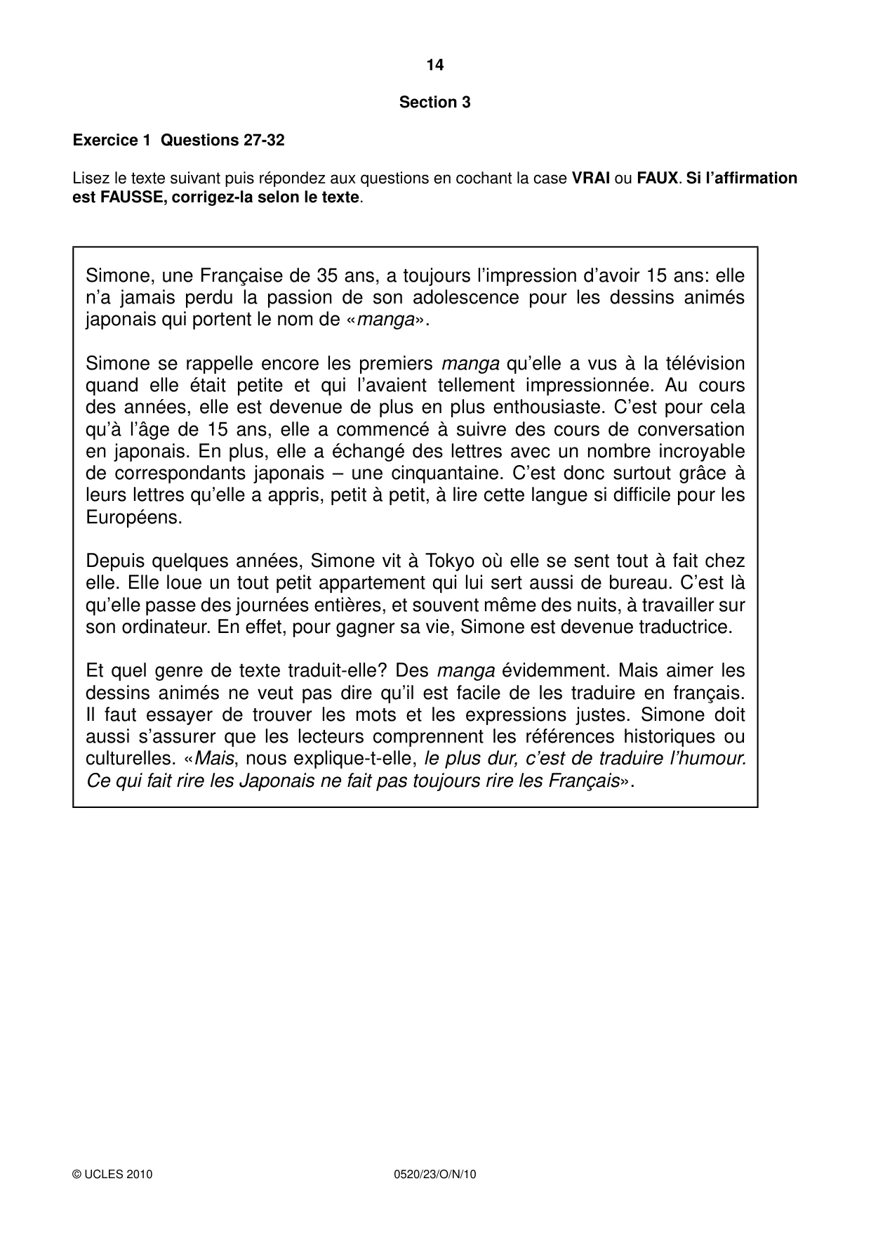 Cambridge IGCSE French - Foreign Language 0520 2010 Oct/Nov Paper 2 · Variant 3 question paper, page 14 of 20