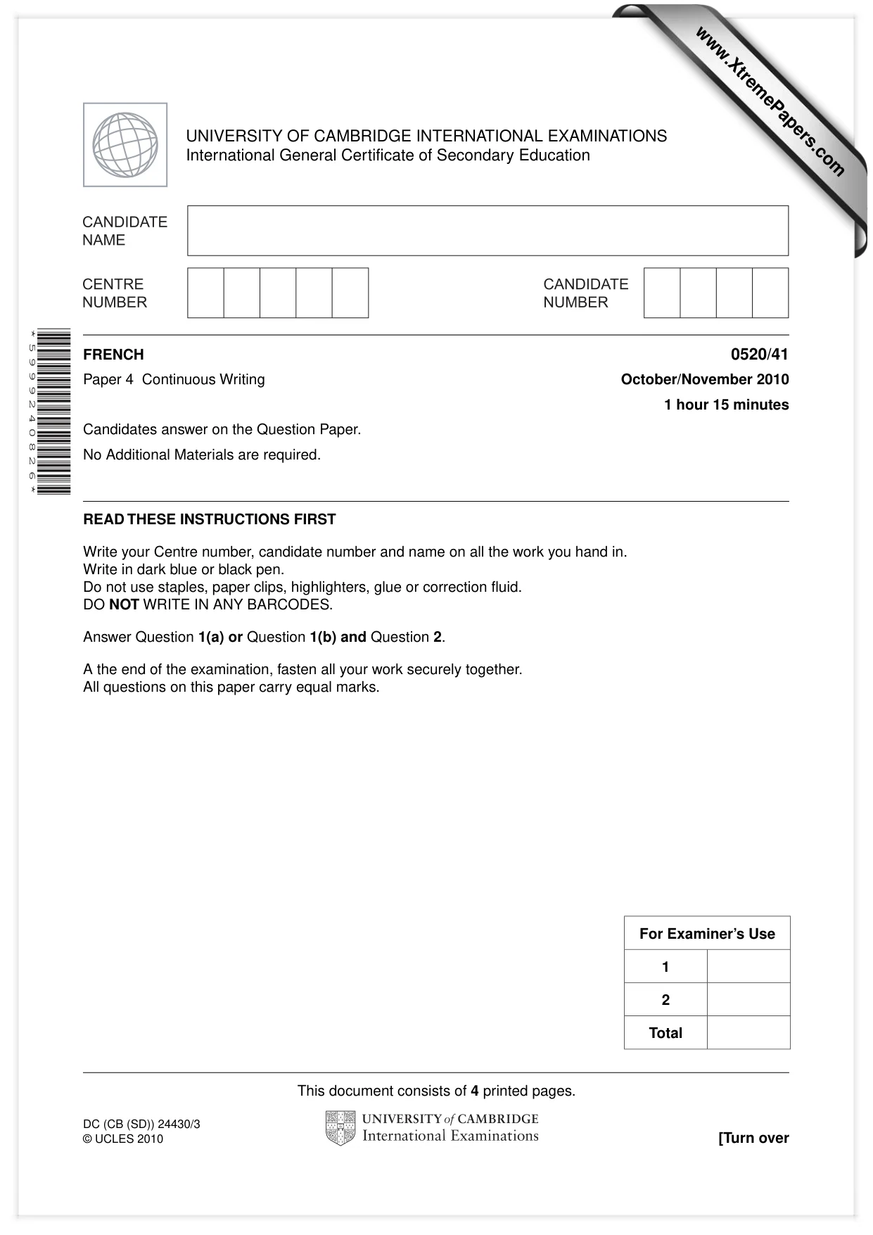 Cambridge IGCSE French - Foreign Language 0520 2010 Oct/Nov Paper 4 · Variant 1 question paper, page 1 of 4