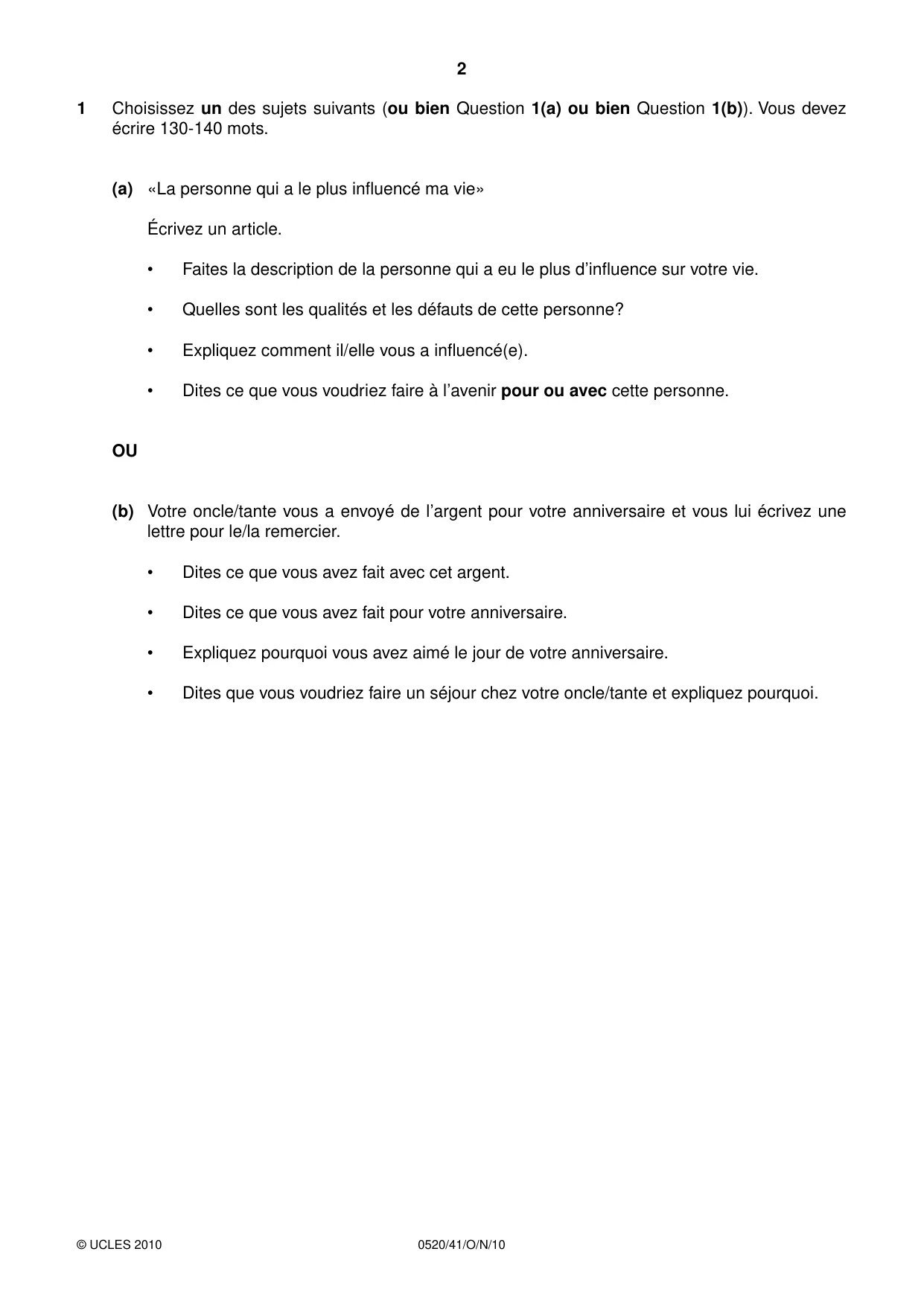 Cambridge IGCSE French - Foreign Language 0520 2010 Oct/Nov Paper 4 · Variant 1 question paper, page 2 of 4