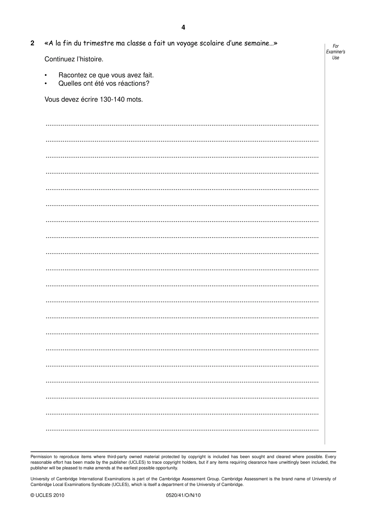 Cambridge IGCSE French - Foreign Language 0520 2010 Oct/Nov Paper 4 · Variant 1 question paper, page 4 of 4
