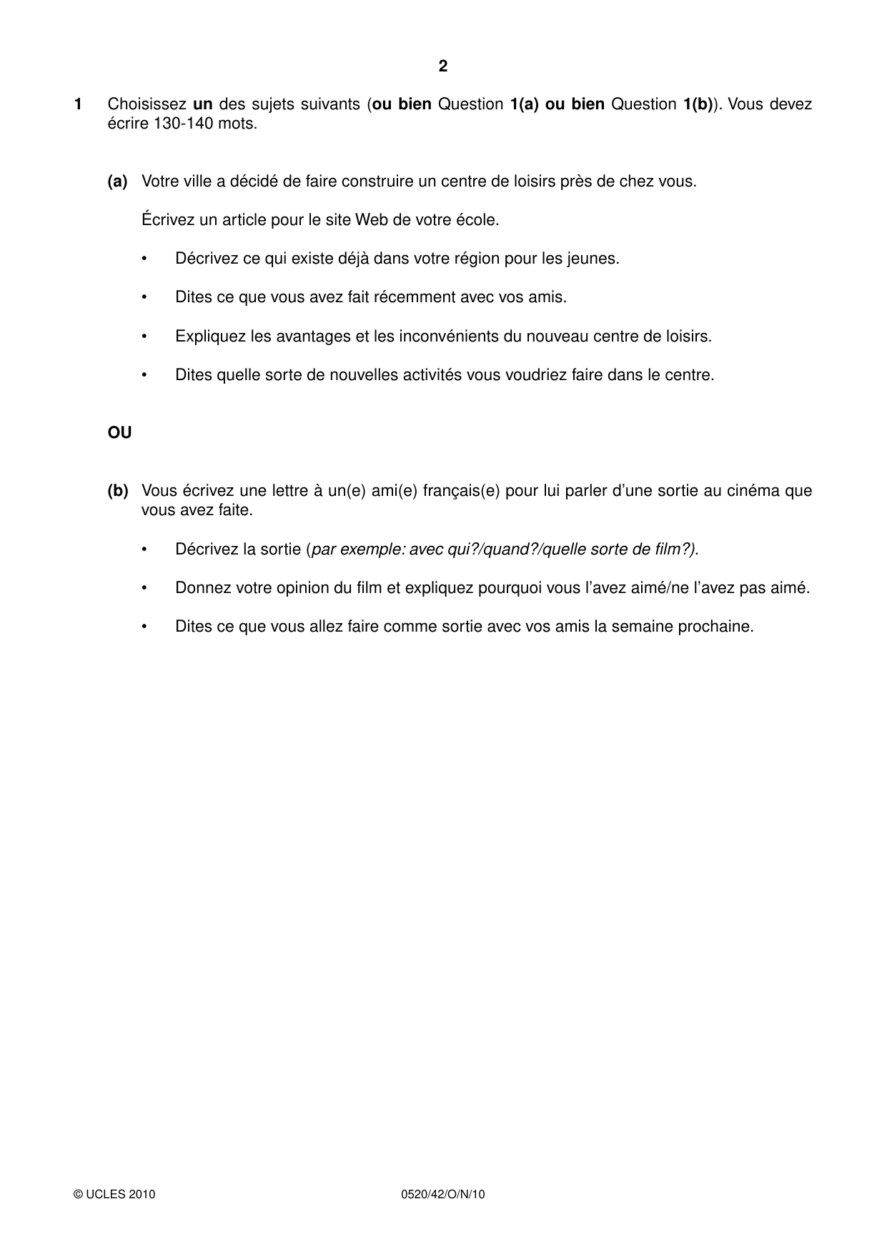 Cambridge IGCSE French - Foreign Language 0520 2010 Oct/Nov Paper 4 · Variant 2 question paper, page 2 of 4