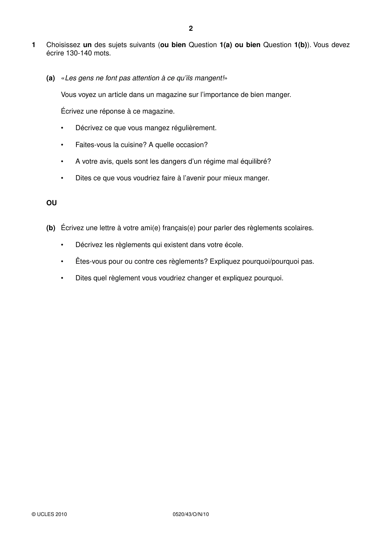 Cambridge IGCSE French - Foreign Language 0520 2010 Oct/Nov Paper 4 · Variant 3 question paper, page 2 of 4
