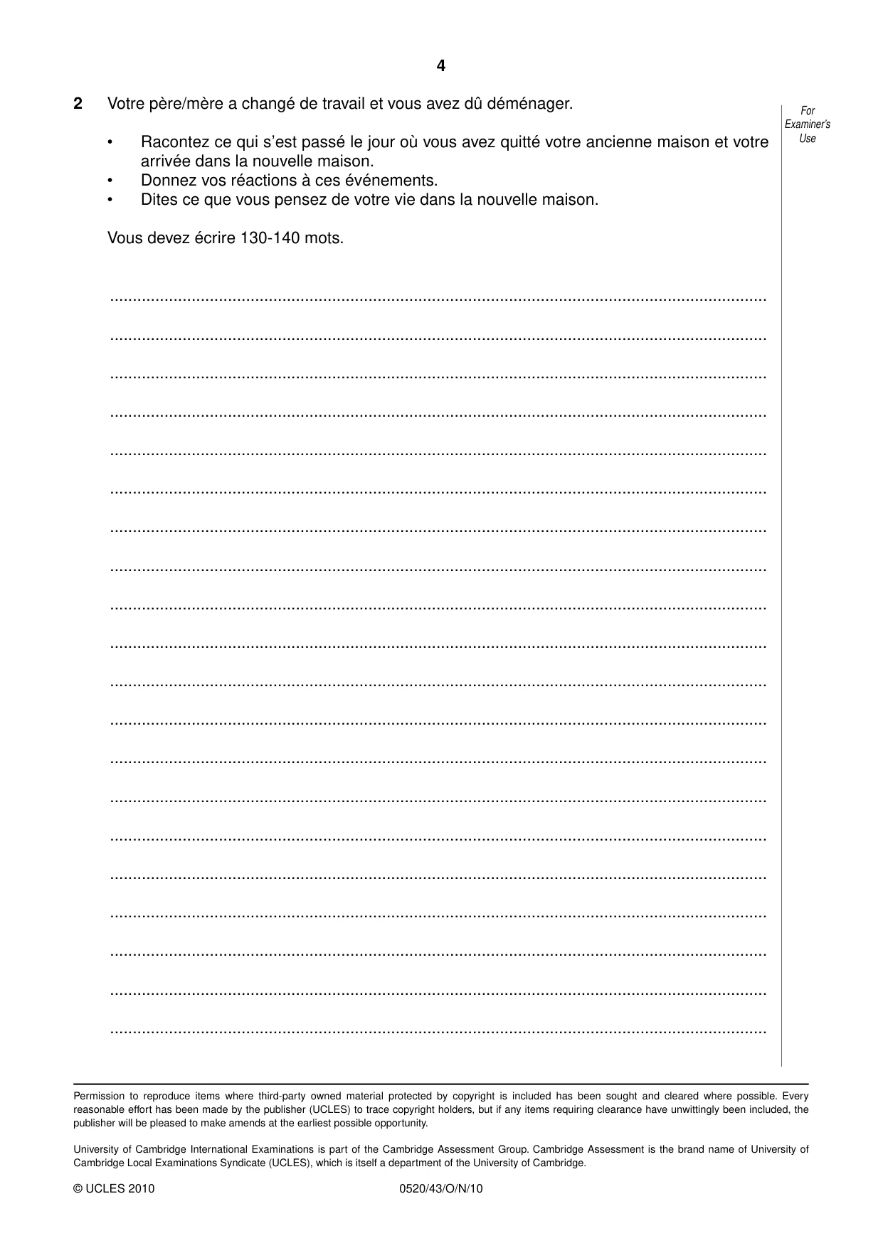 Cambridge IGCSE French - Foreign Language 0520 2010 Oct/Nov Paper 4 · Variant 3 question paper, page 4 of 4