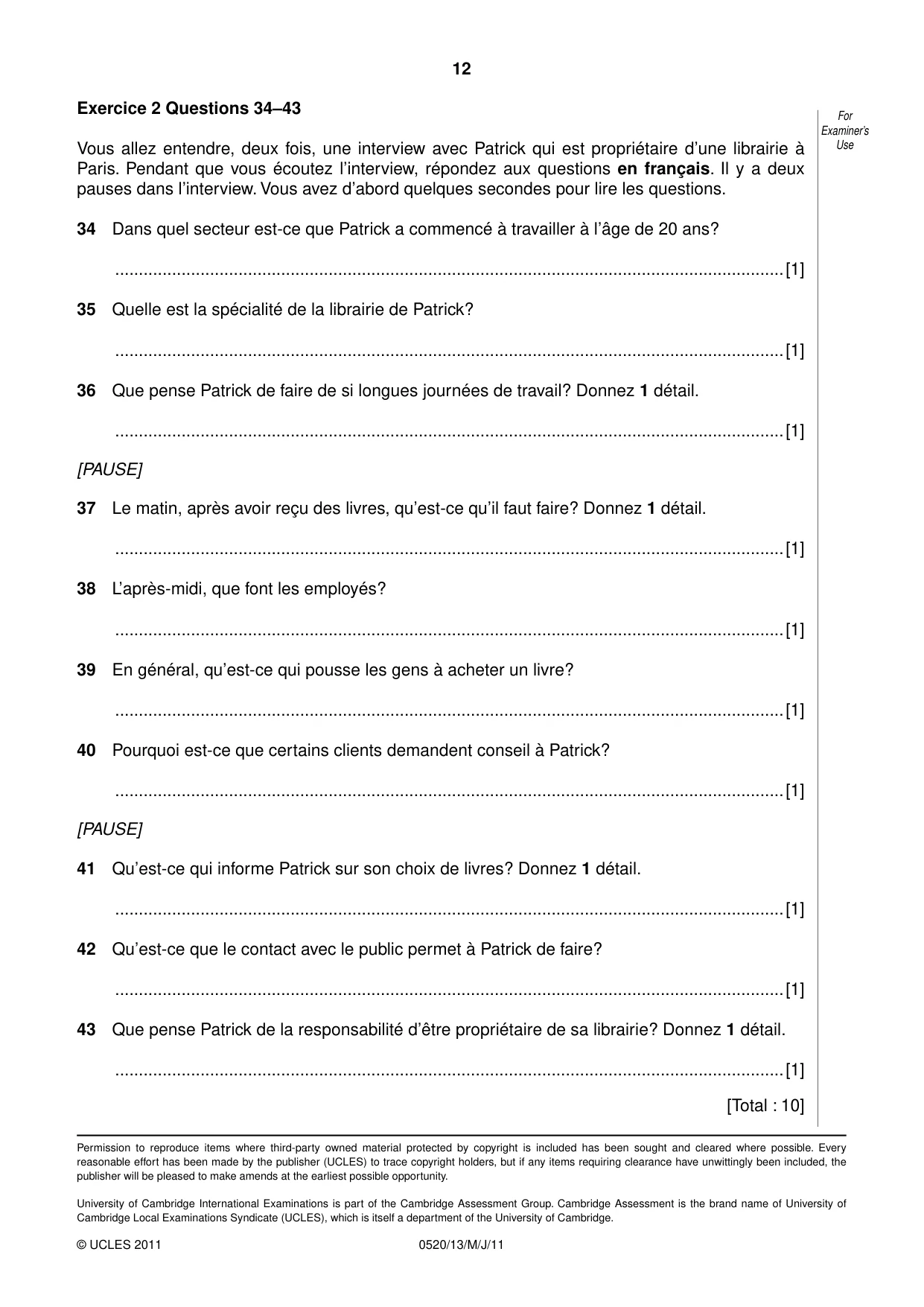 Cambridge IGCSE French - Foreign Language 0520 2011 May/June Paper 1 · Variant 3 question paper, page 12 of 12