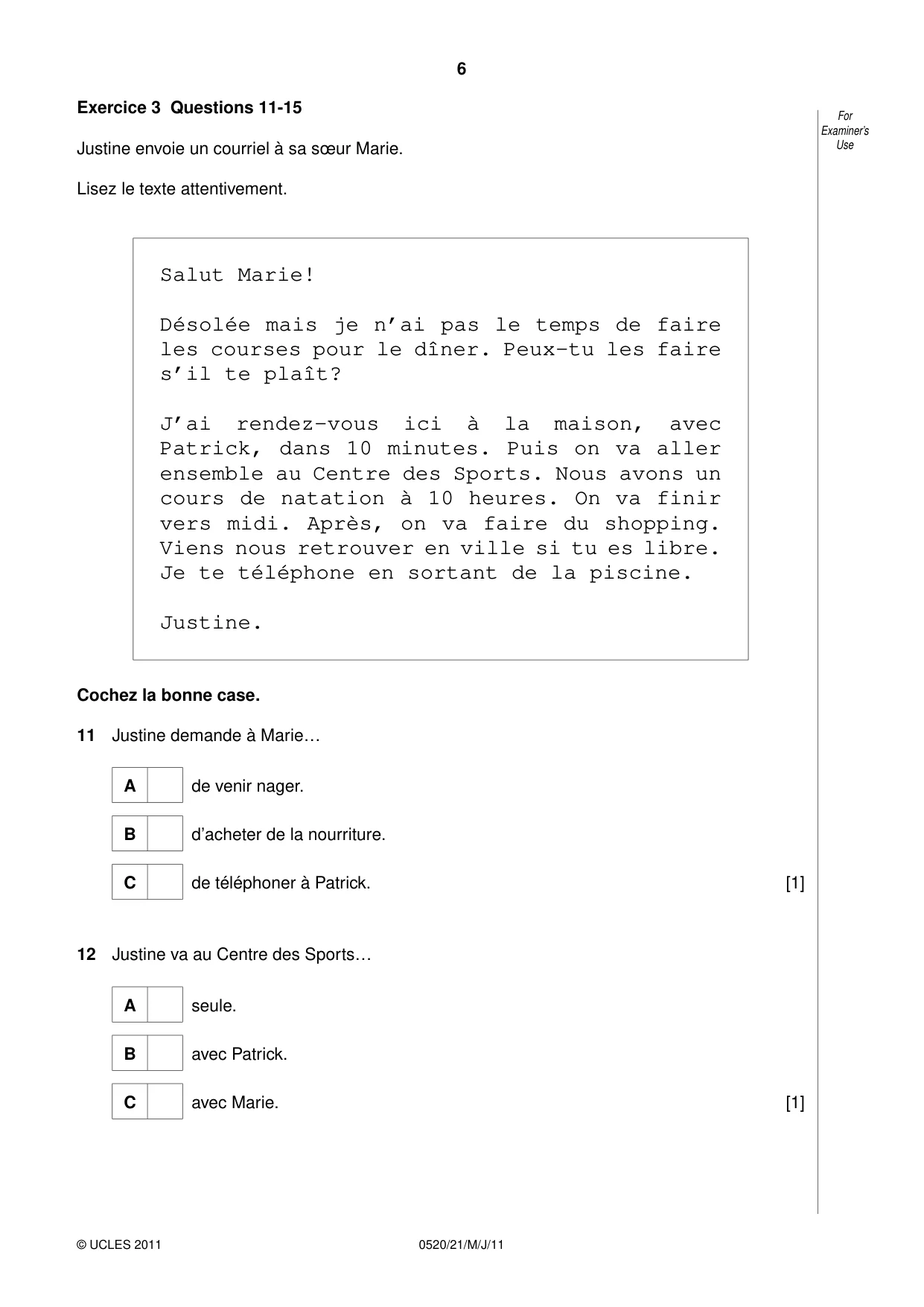 Cambridge IGCSE French - Foreign Language 0520 2011 May/June Paper 2 · Variant 1 question paper, page 6 of 20