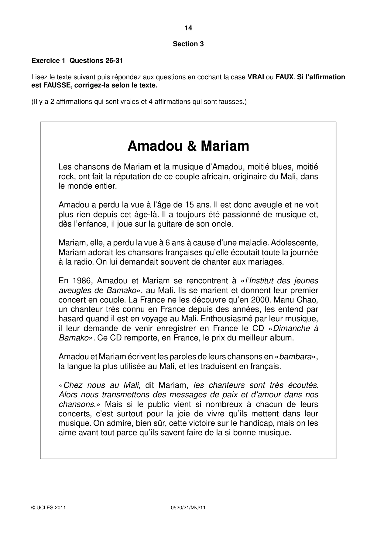 Cambridge IGCSE French - Foreign Language 0520 2011 May/June Paper 2 · Variant 1 question paper, page 14 of 20