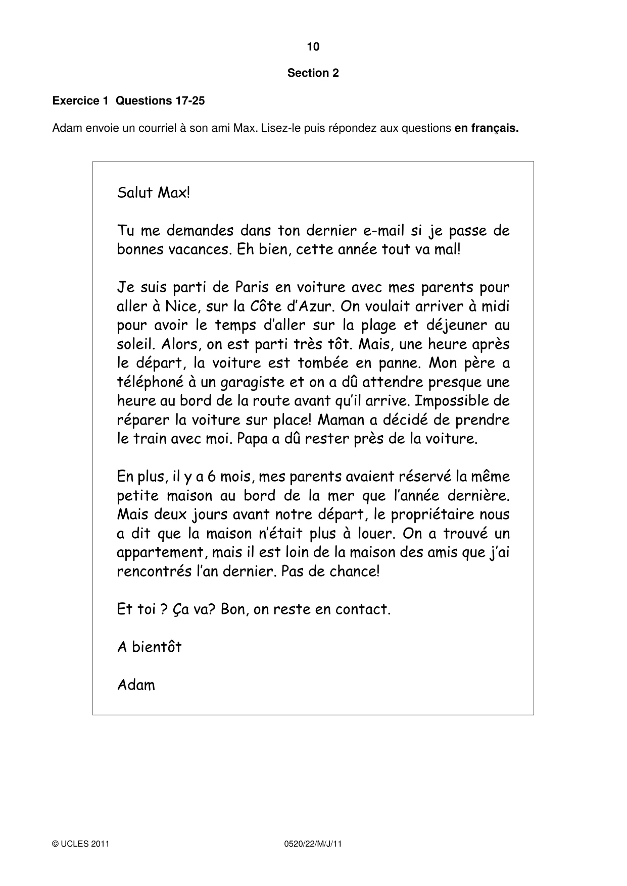 Cambridge IGCSE French - Foreign Language 0520 2011 May/June Paper 2 · Variant 2 question paper, page 10 of 20