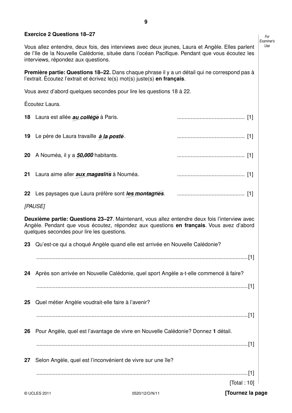 Cambridge IGCSE French - Foreign Language 0520 2011 Oct/Nov Paper 1 · Variant 2 question paper, page 9 of 12