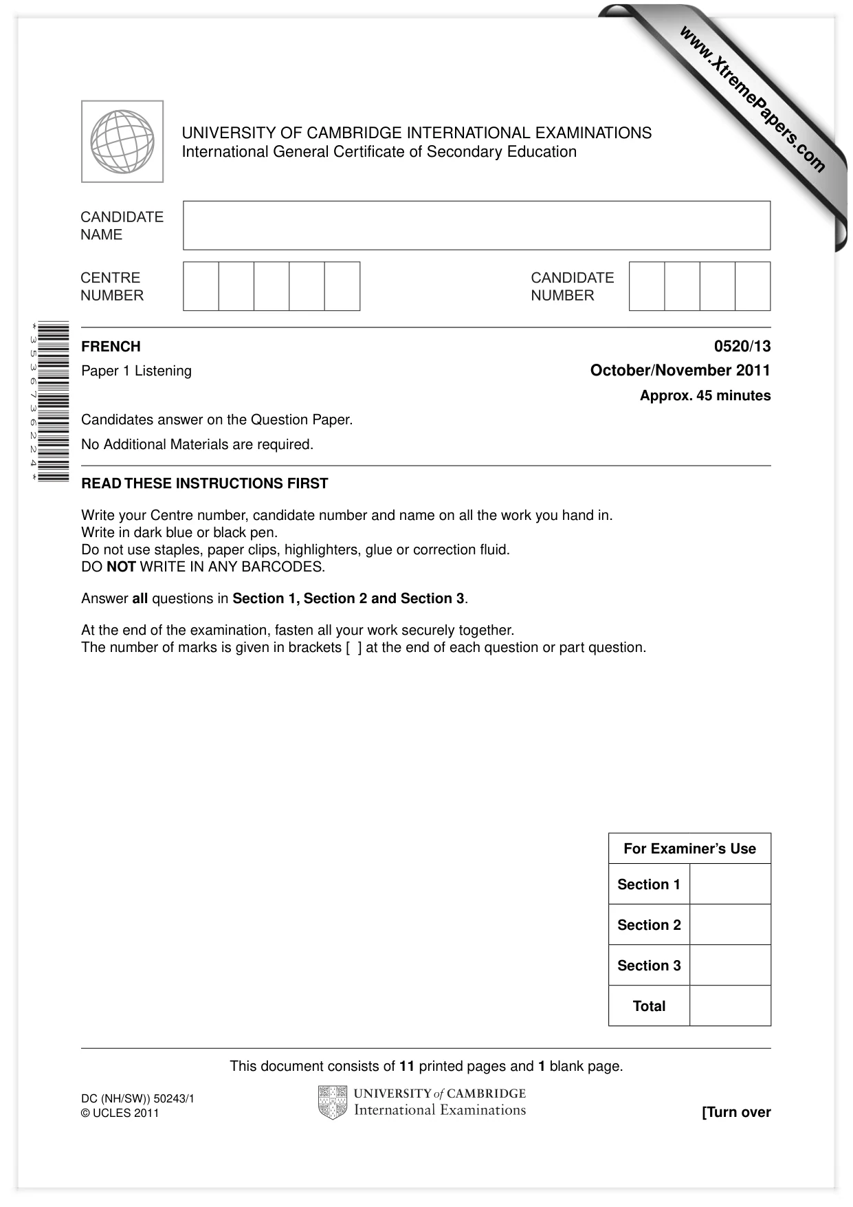 Cambridge IGCSE French - Foreign Language 0520 2011 Oct/Nov Paper 1 · Variant 3 question paper, page 1 of 12