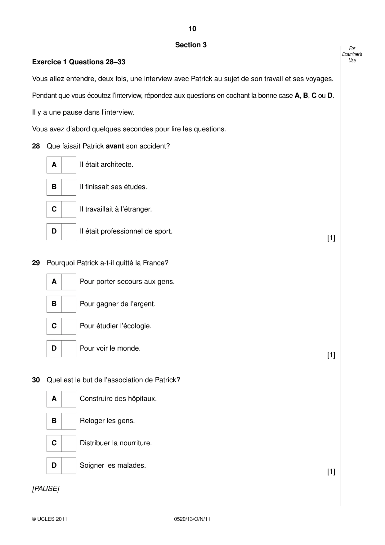 Cambridge IGCSE French - Foreign Language 0520 2011 Oct/Nov Paper 1 · Variant 3 question paper, page 10 of 12