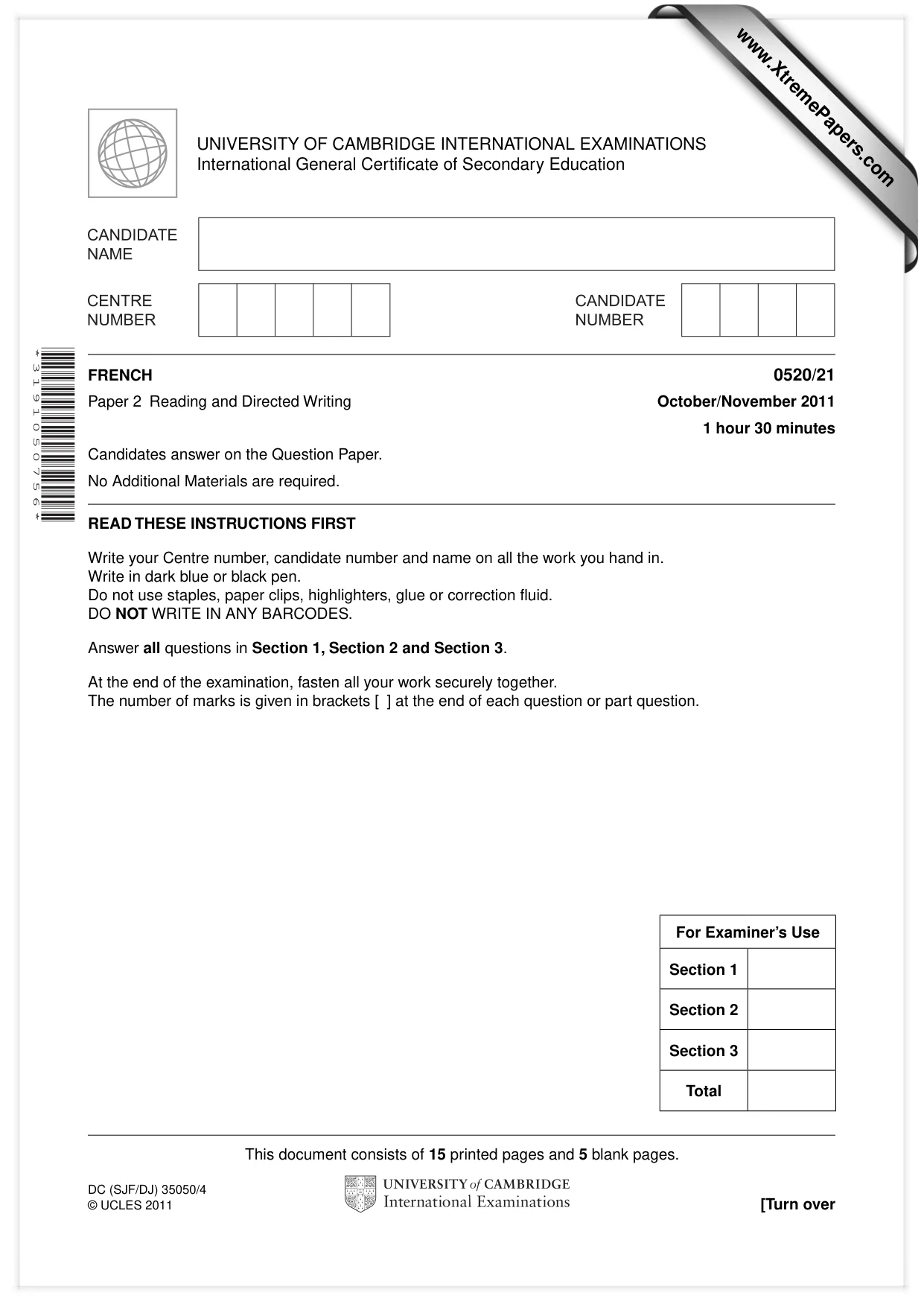 Cambridge IGCSE French - Foreign Language 0520 2011 Oct/Nov Paper 2 · Variant 1 question paper, page 1 of 20