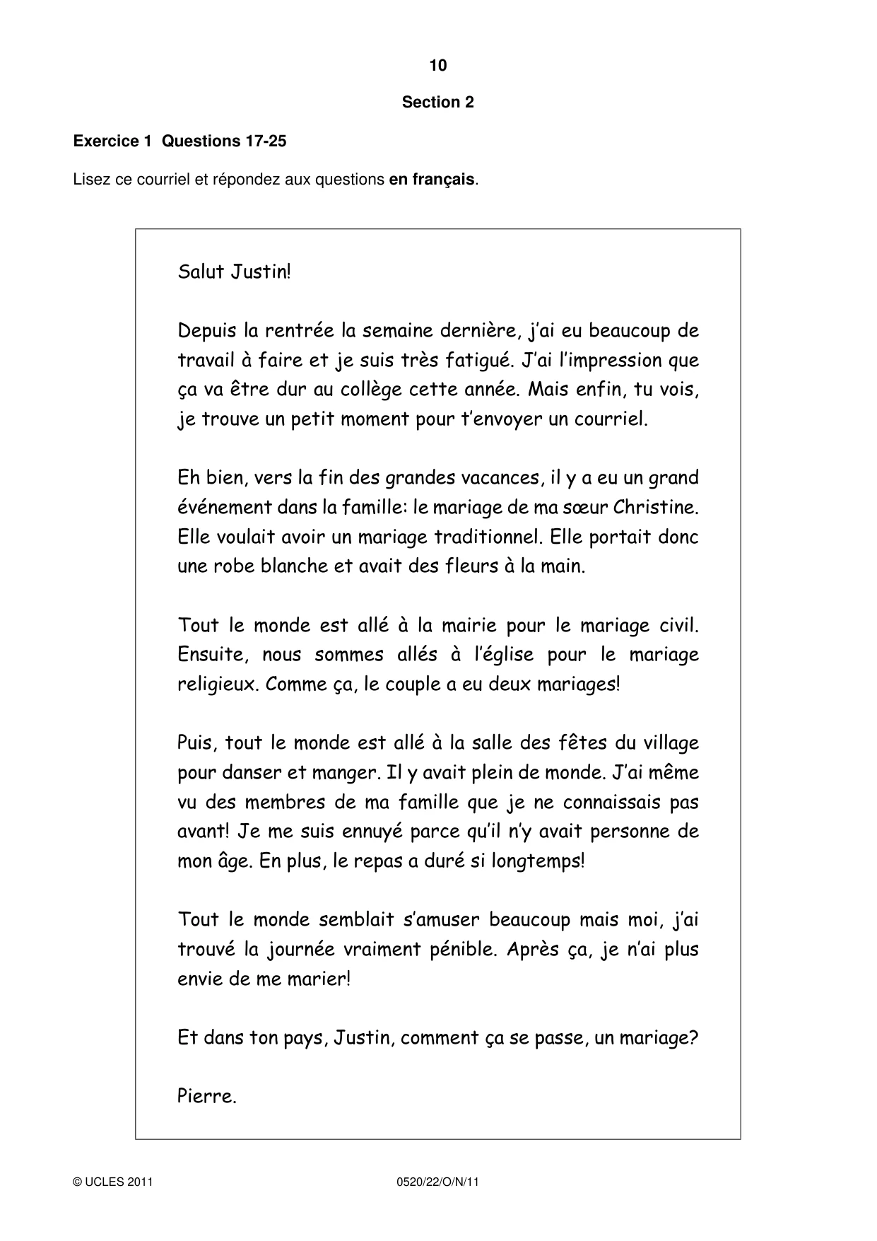 Cambridge IGCSE French - Foreign Language 0520 2011 Oct/Nov Paper 2 · Variant 2 question paper, page 10 of 20