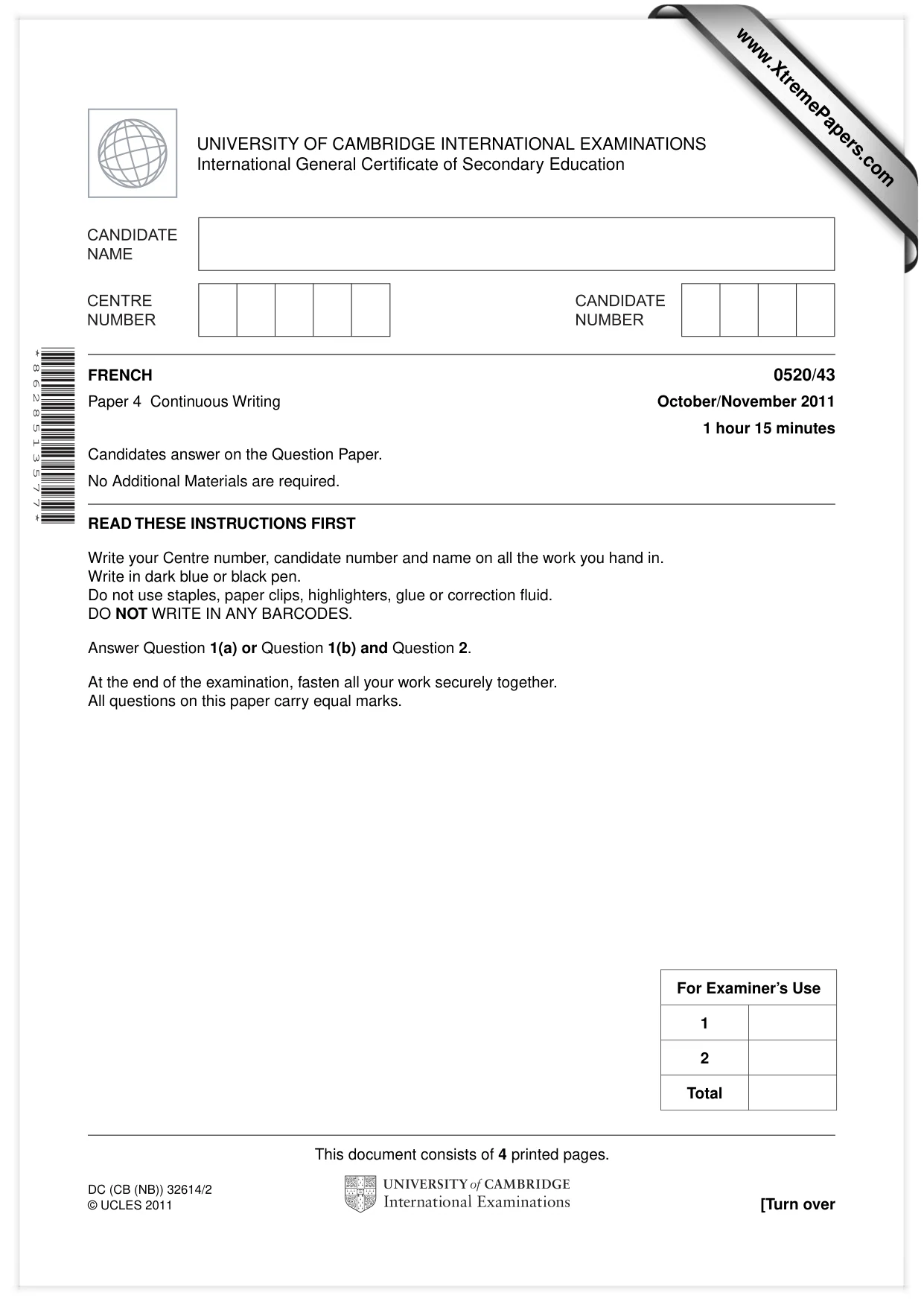 Cambridge IGCSE French - Foreign Language 0520 2011 Oct/Nov Paper 4 · Variant 3 question paper, page 1 of 4
